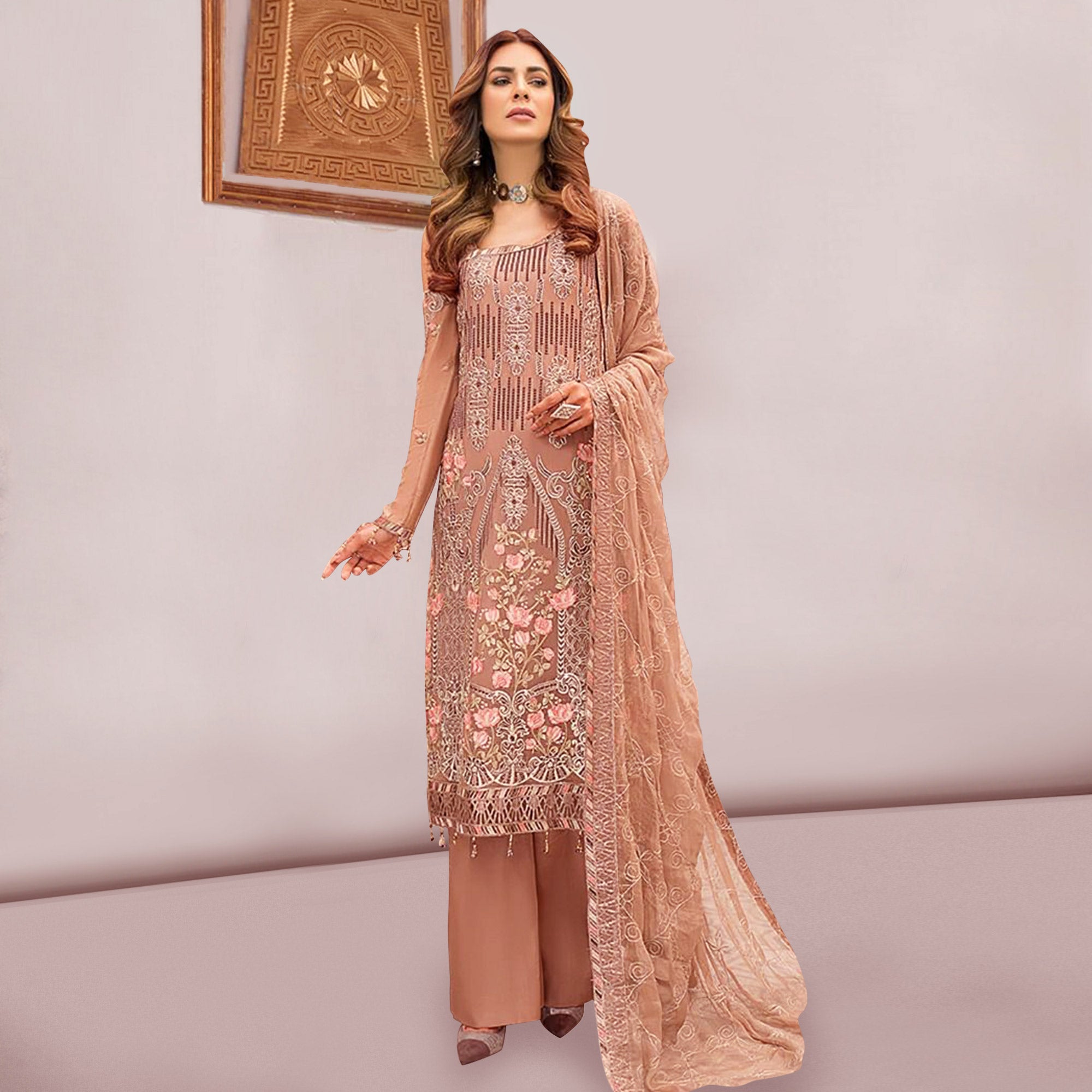 Rust Embroidered Georgette Pakistani Suit