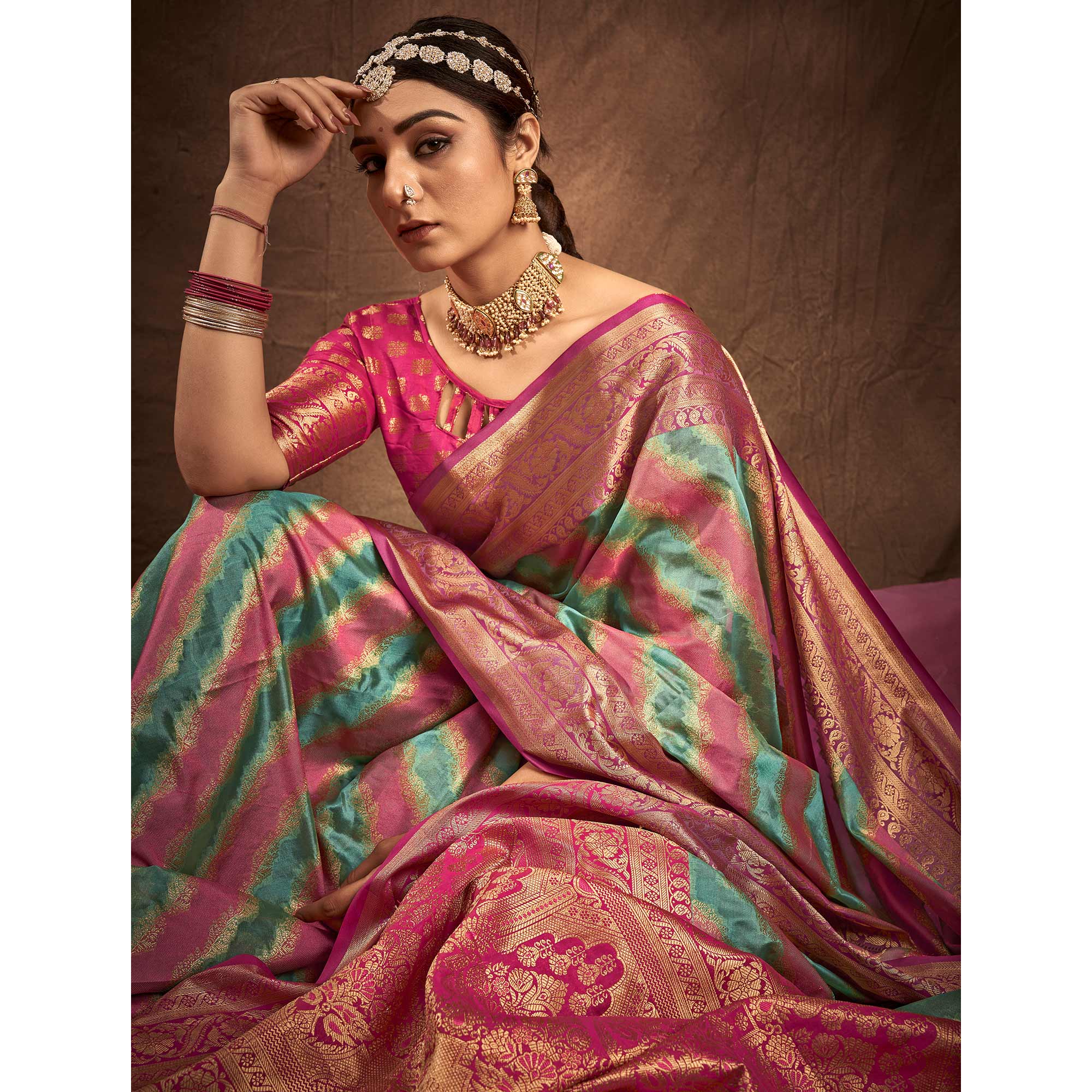 Green & Pink Woven Art Silk Saree