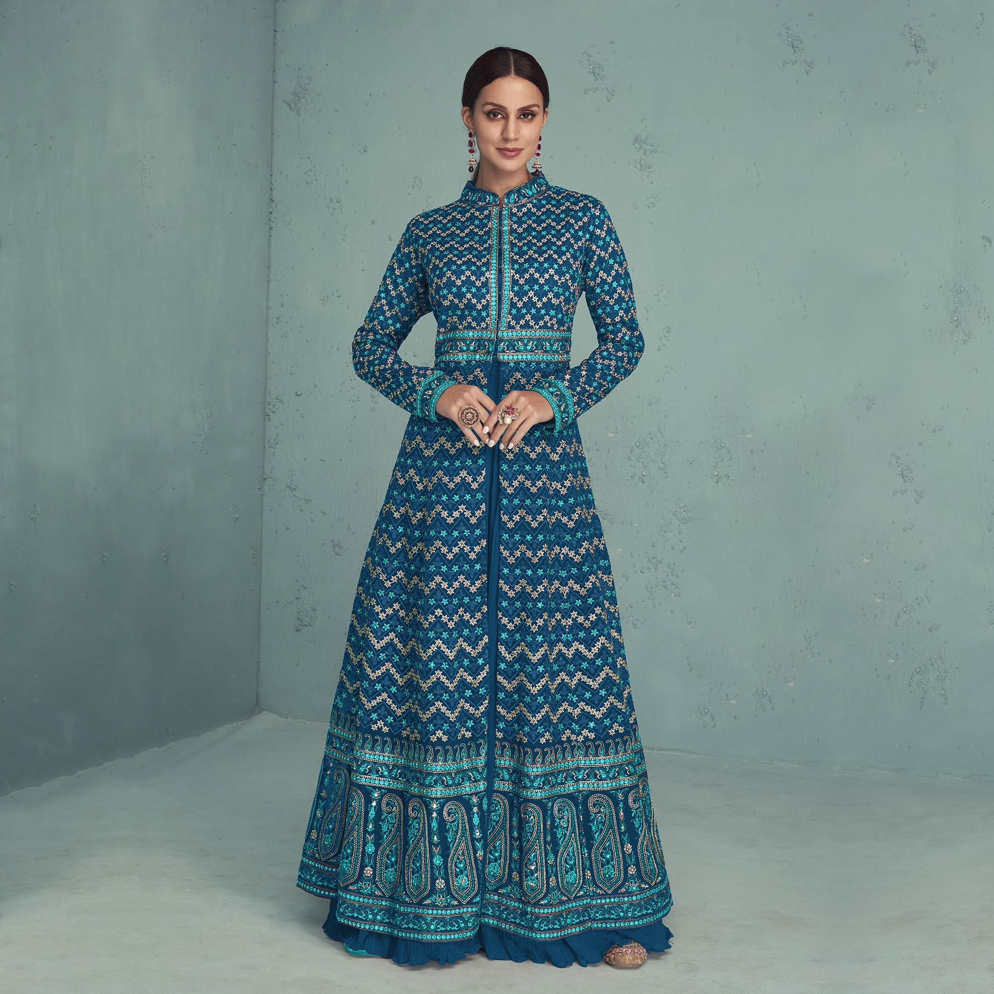 Sky Blue Floral Embroidered Georgette Front Slit Suit