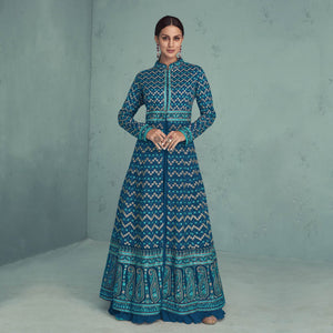 Sky Blue Floral Embroidered Georgette Front Slit Suit