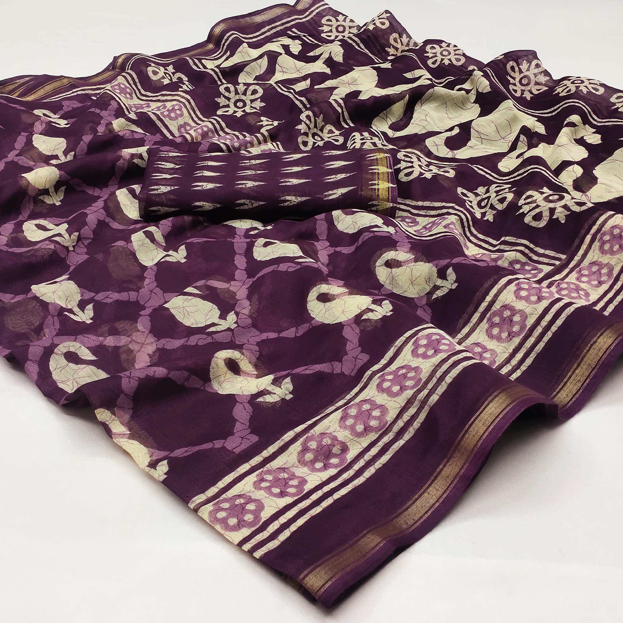 Purple Printed Cotton Blend Saree