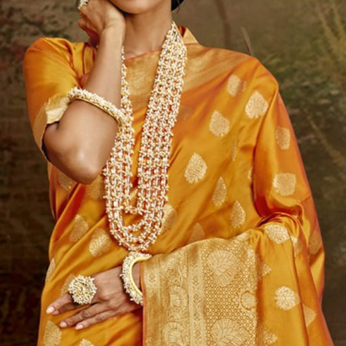 Mustard Woven Banarasi Silk Saree With Tassels