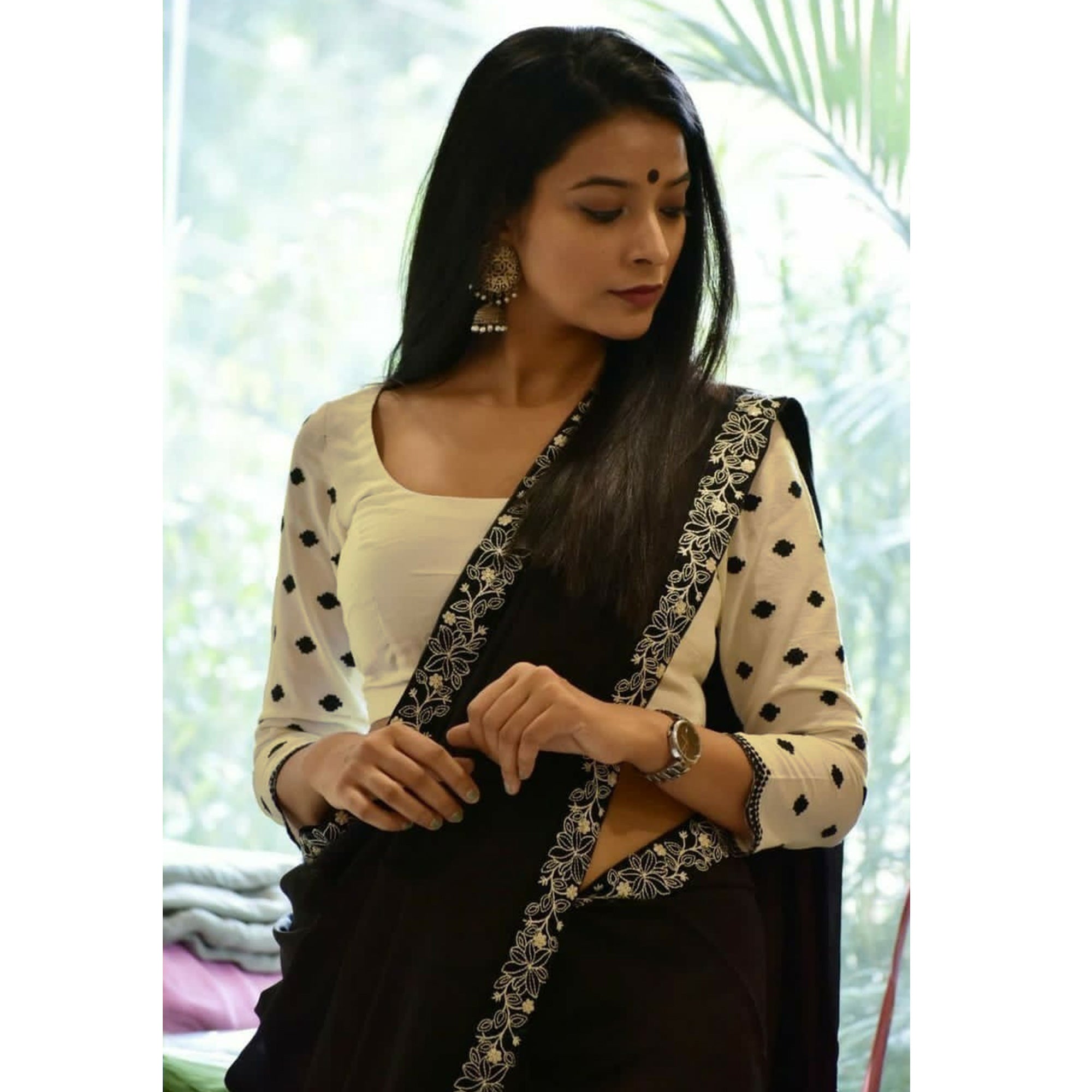 Black Floral Embroidered Border Art Silk Saree