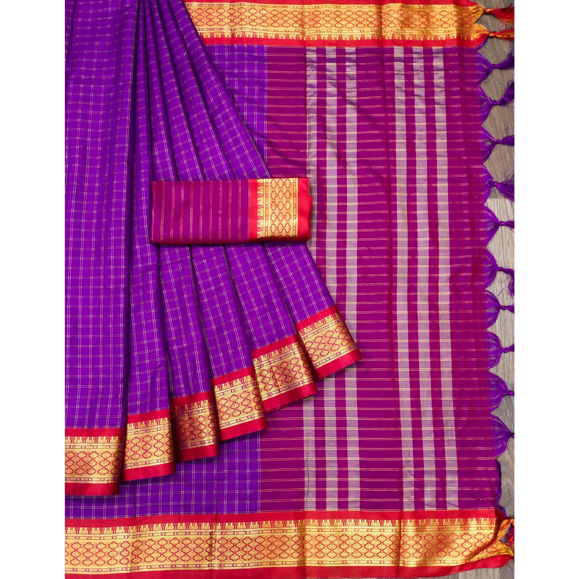 Violet Checks With Woven Border Cotton Silk Saree
