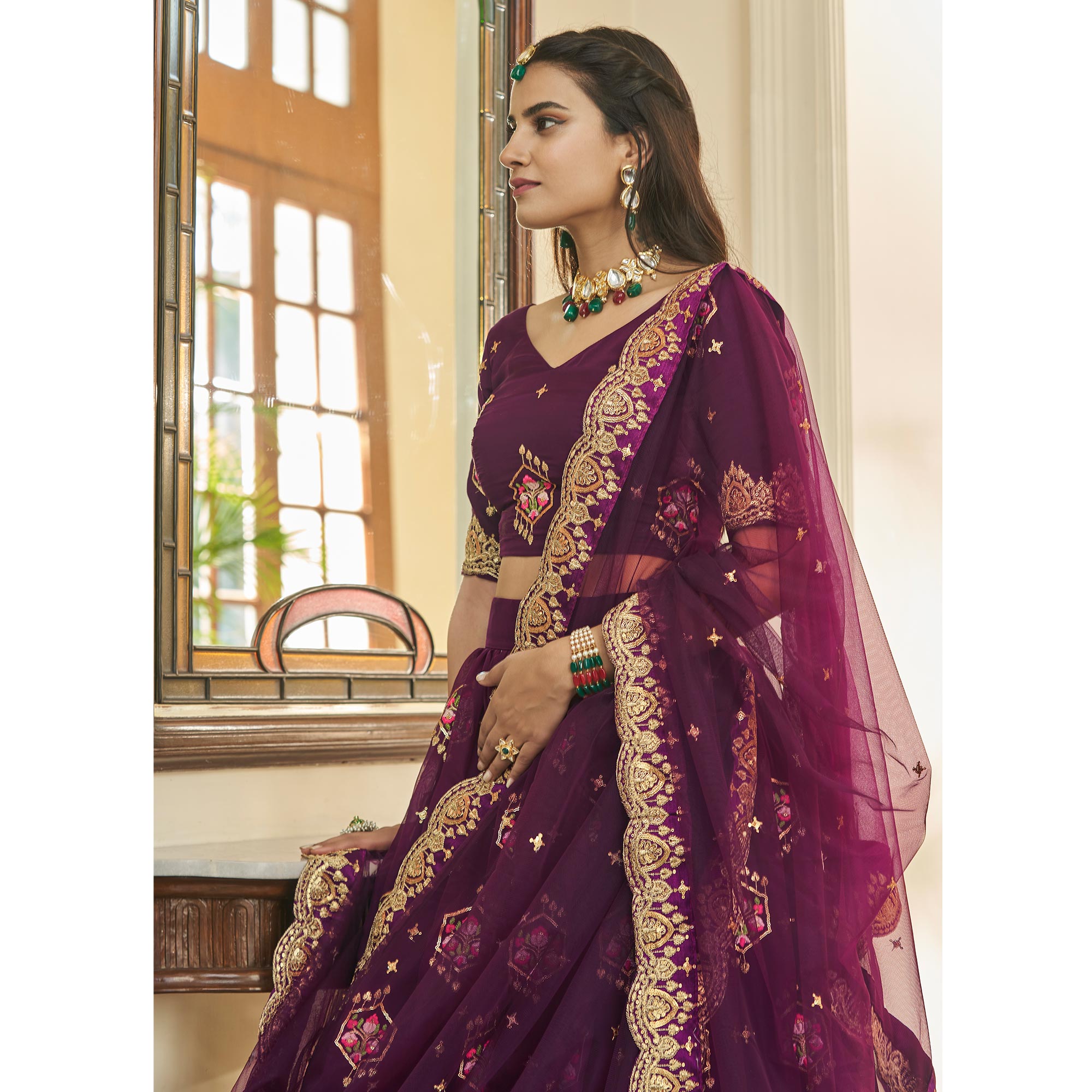 Purple Sequins Embroidered Organza Lehenga Choli