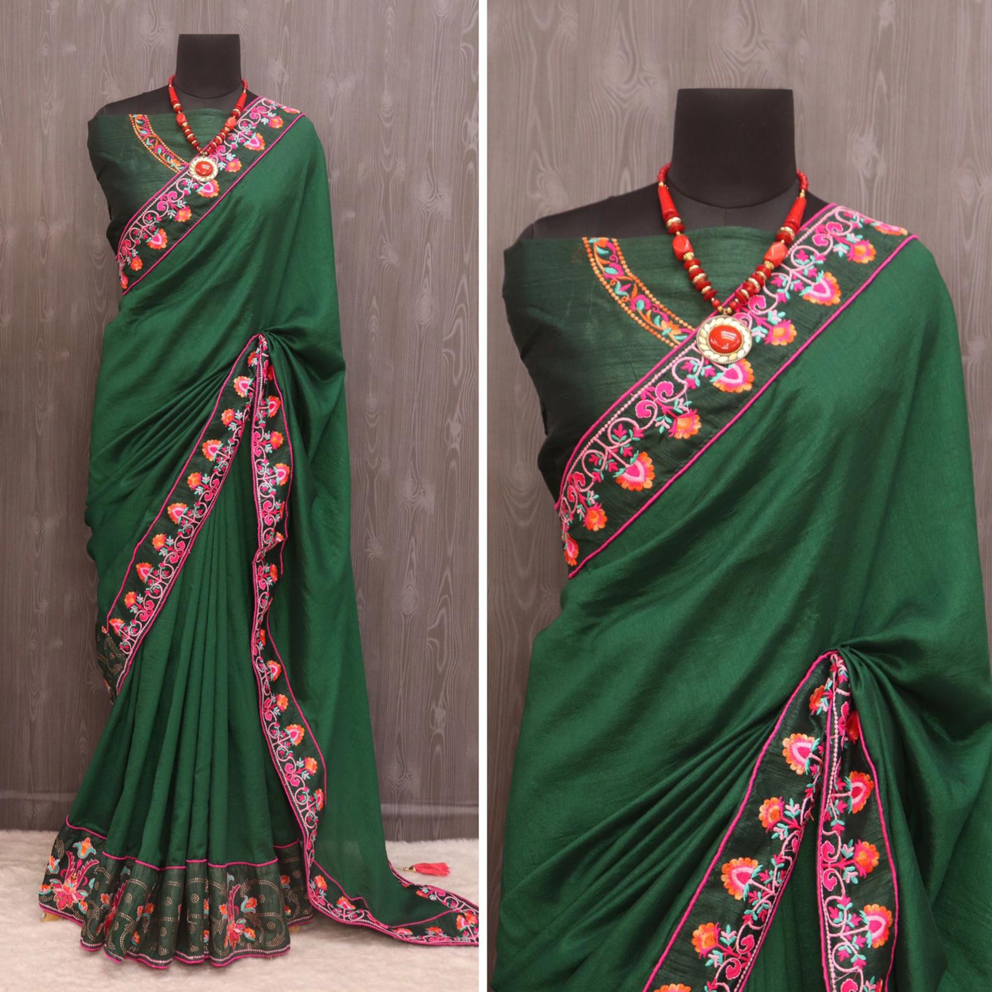 Green Floral Embroidered Vichitra Silk Saree