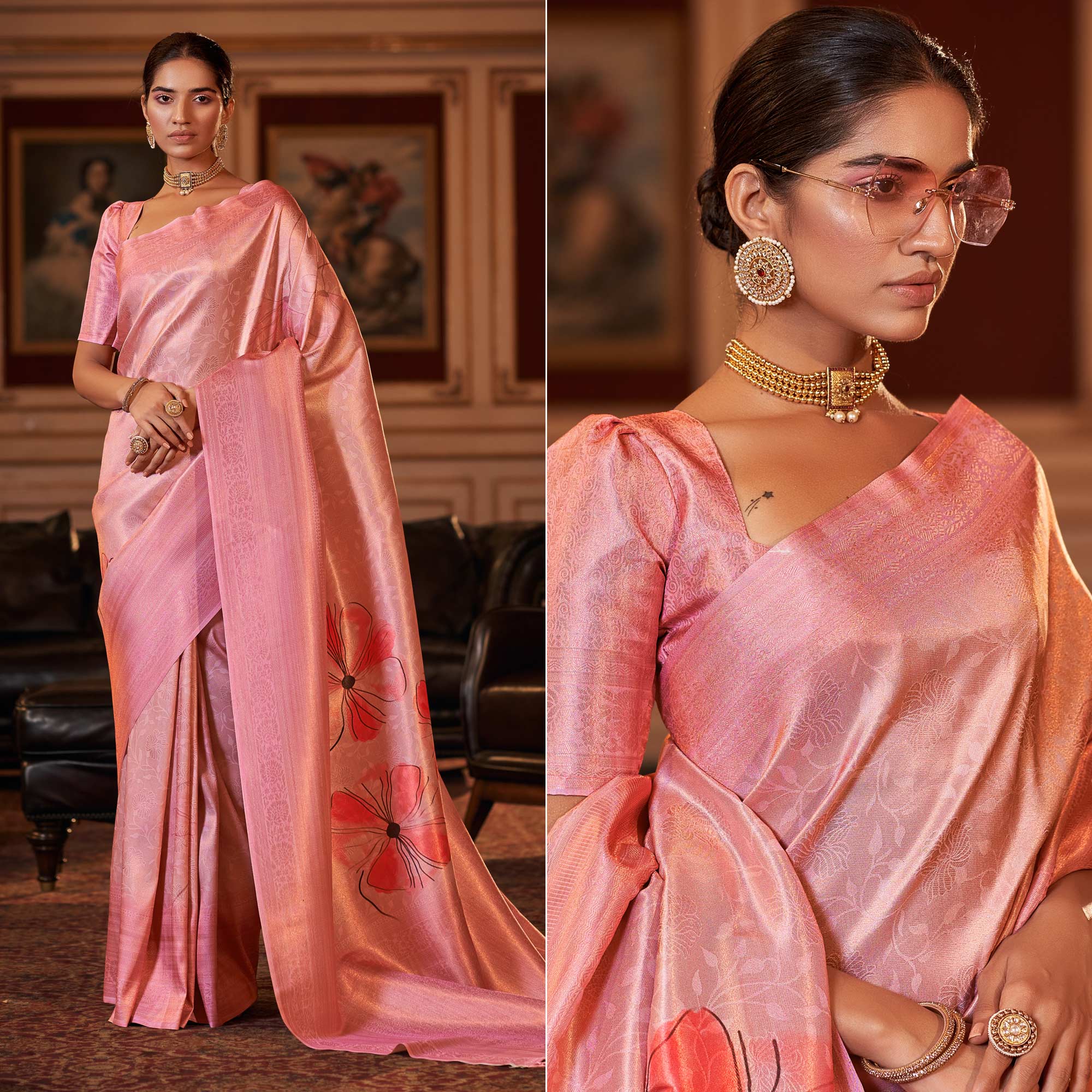 Pink Woven Jacquard Saree With Tassels