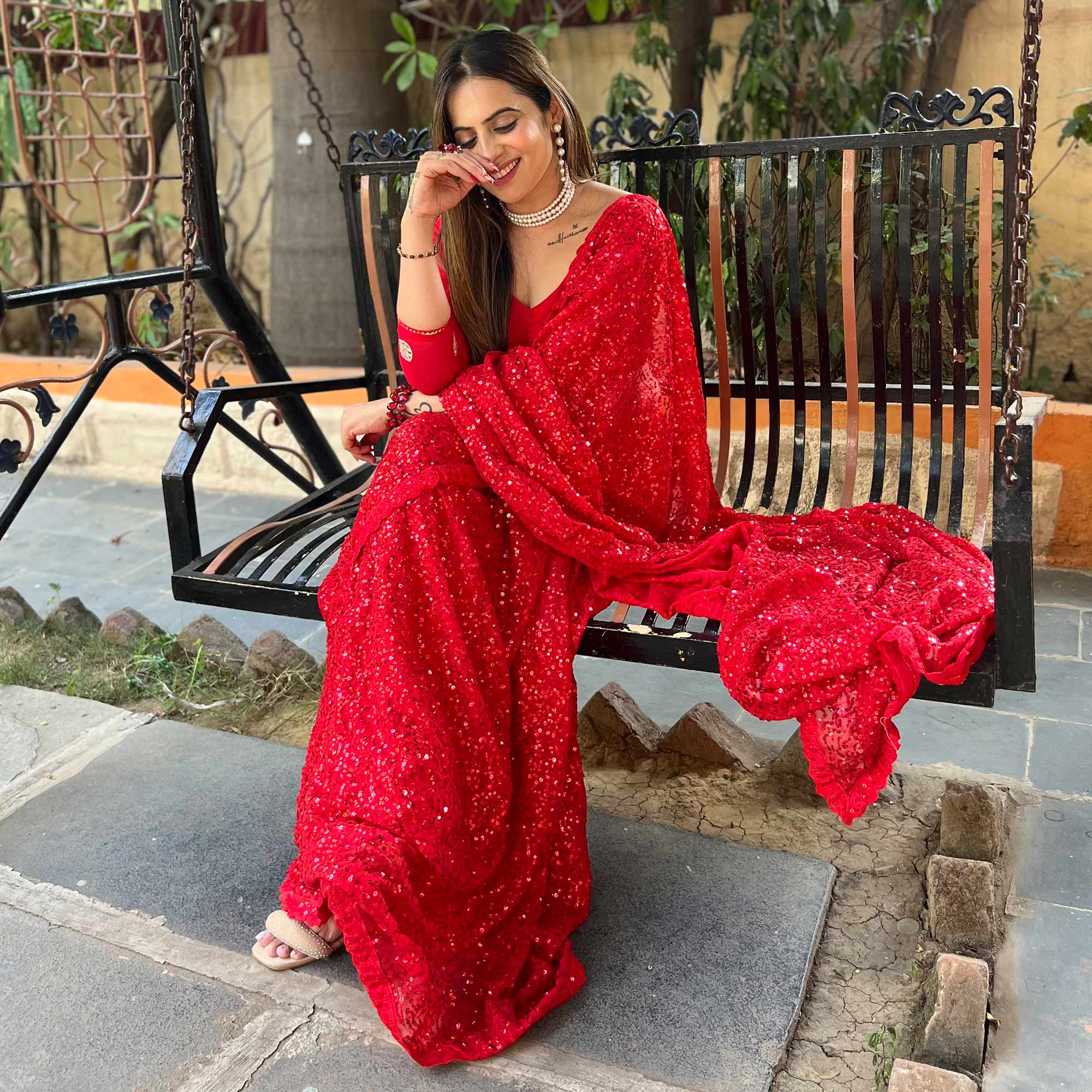Red Sequins Embroidered Georgette Saree