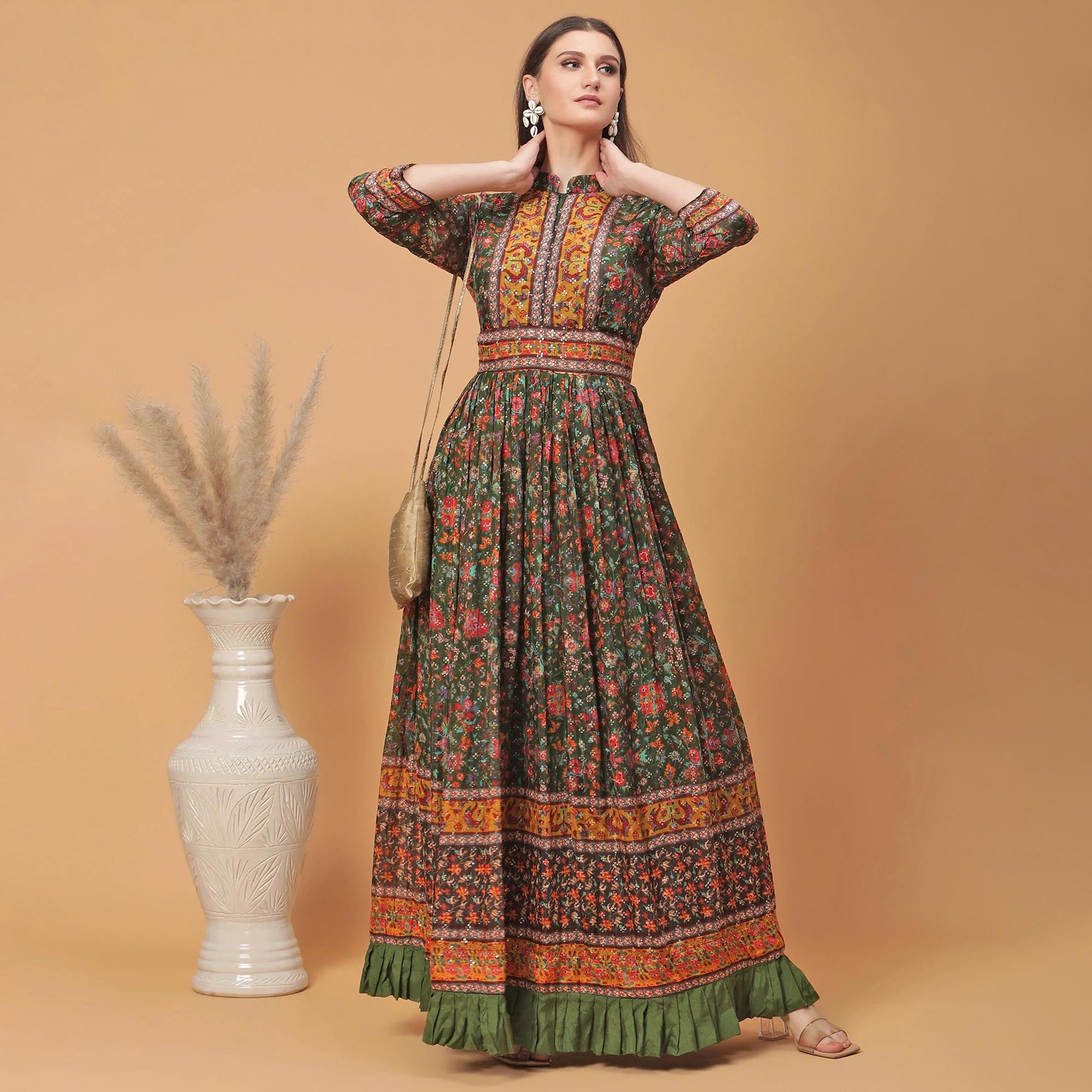 Olive Green Digital Printed Dola Silk Gown