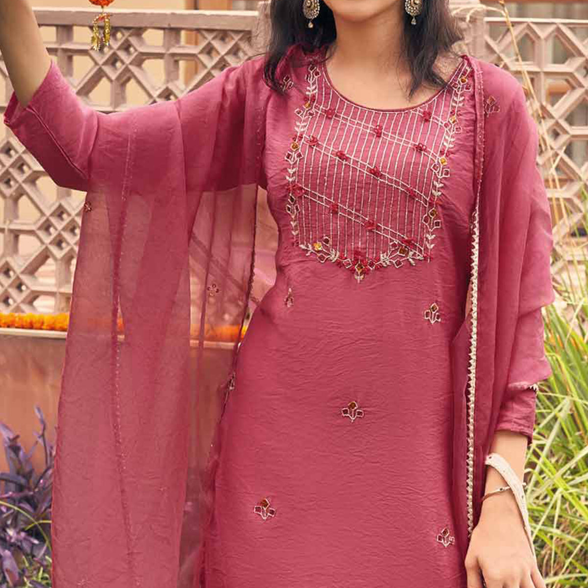 Pink Embellished Viscose Salwar Suit