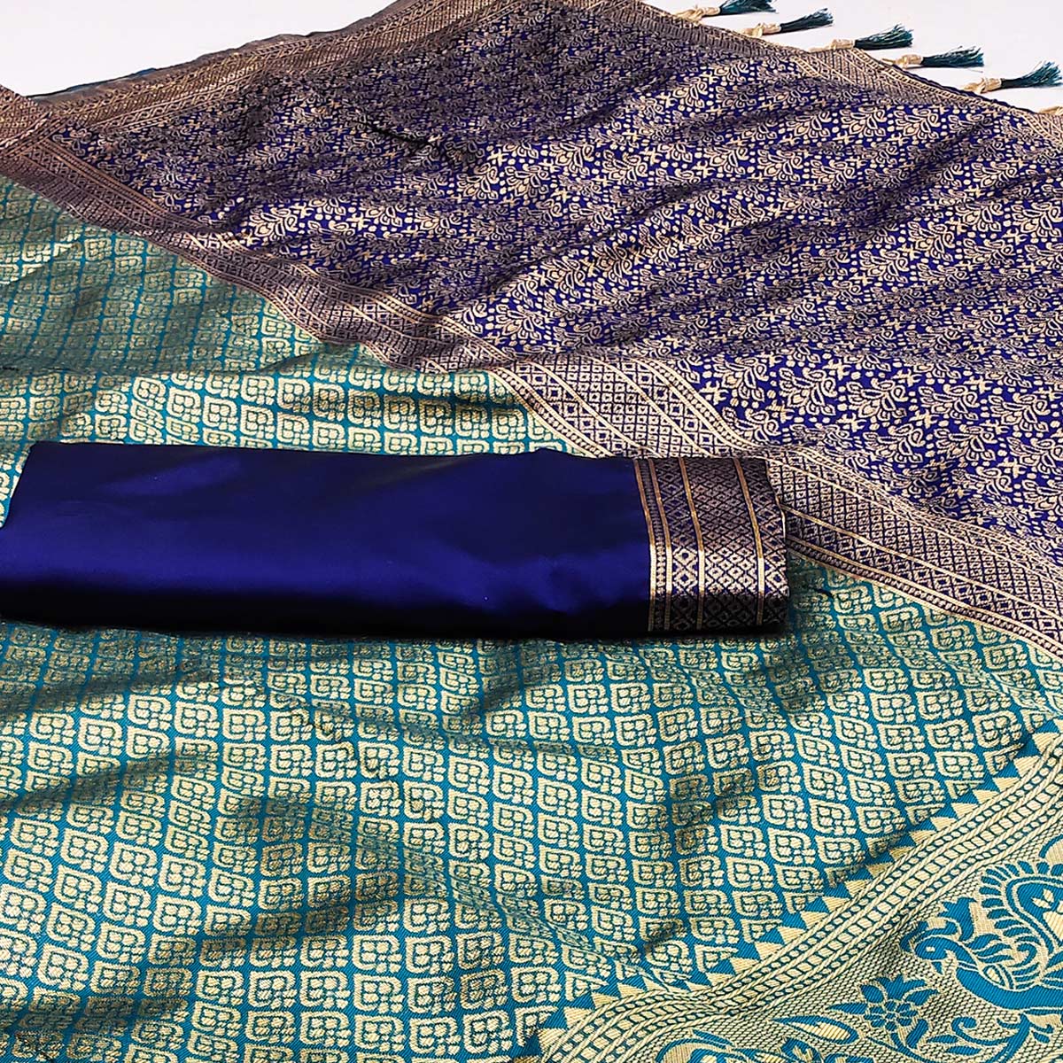 Blue Woven Jacquard Saree With Tassels