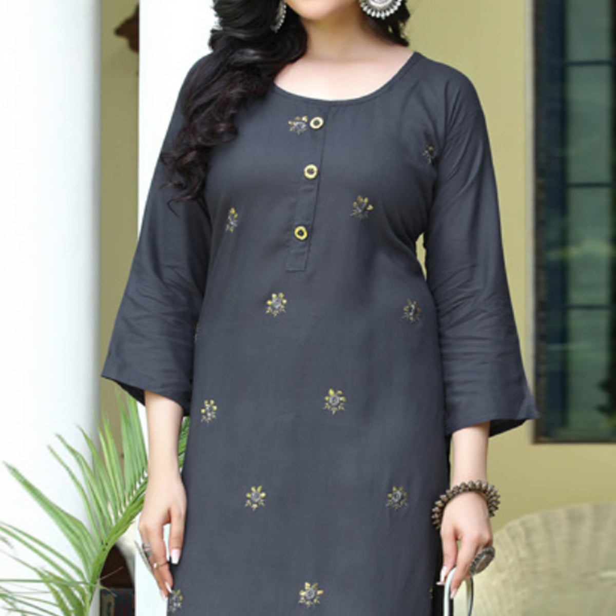 Grey Embroidered Rayon Kurti