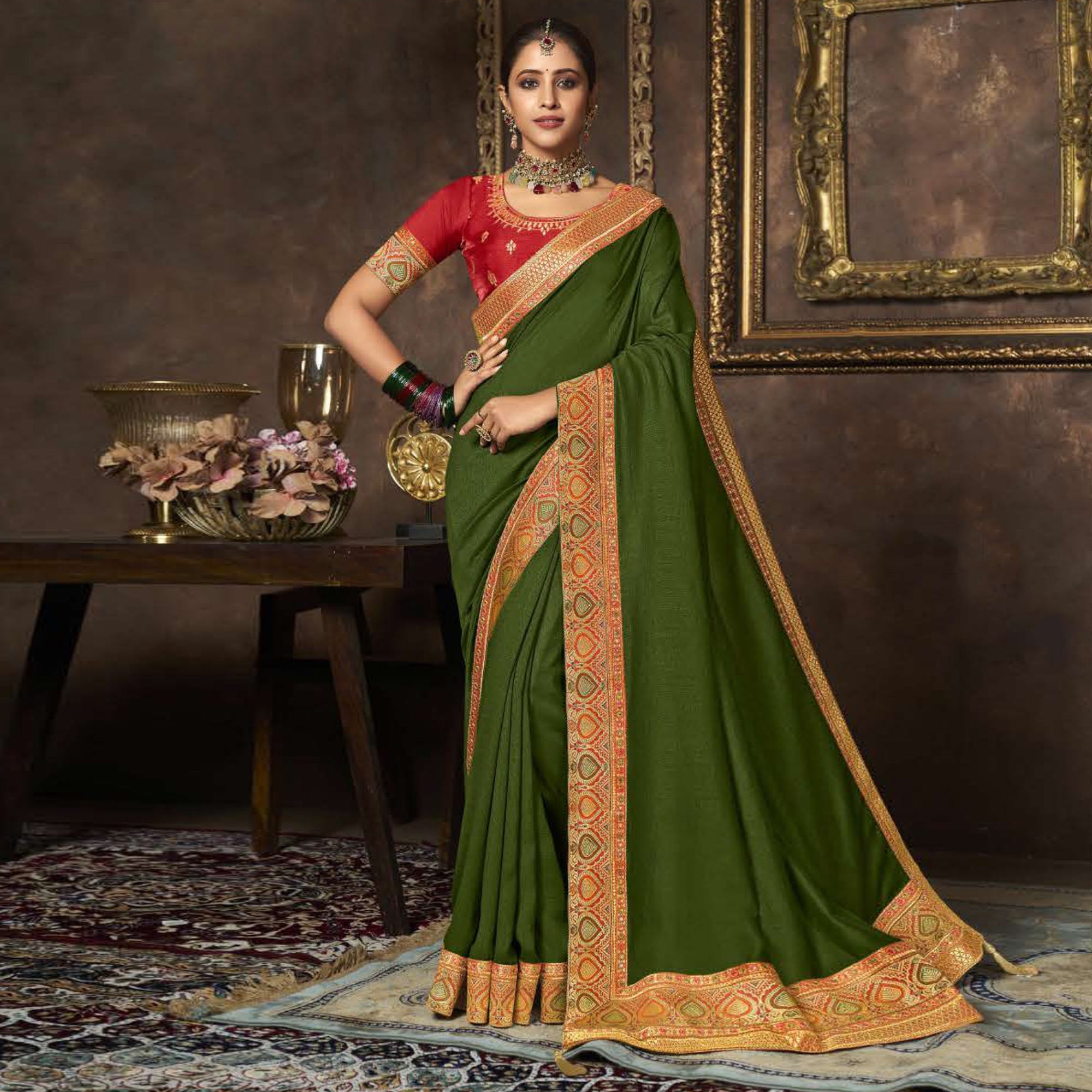 Olive Green Solid With Woven Border Vichitra Silk Saree