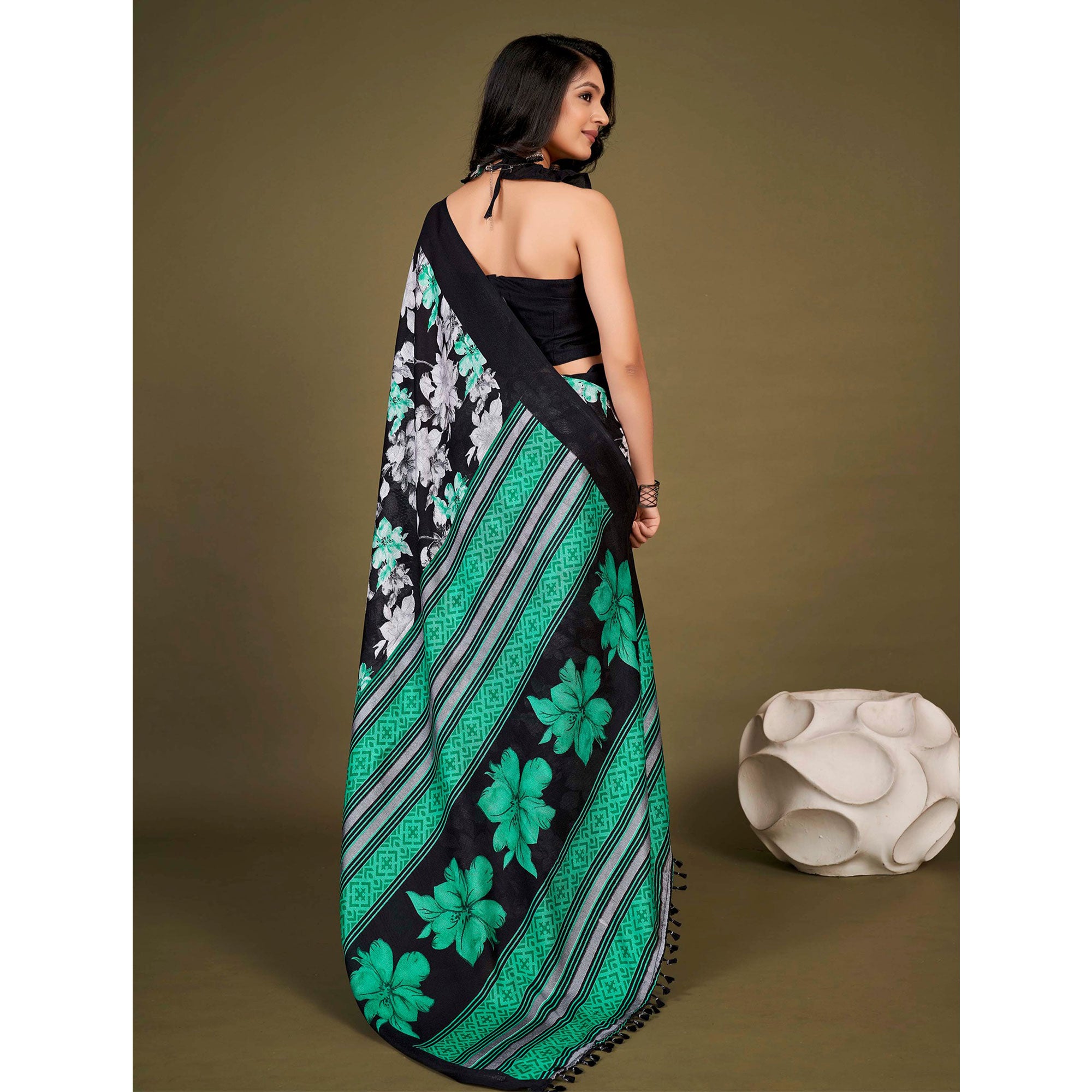 Black Floral Printed Jute Saree With Tassels