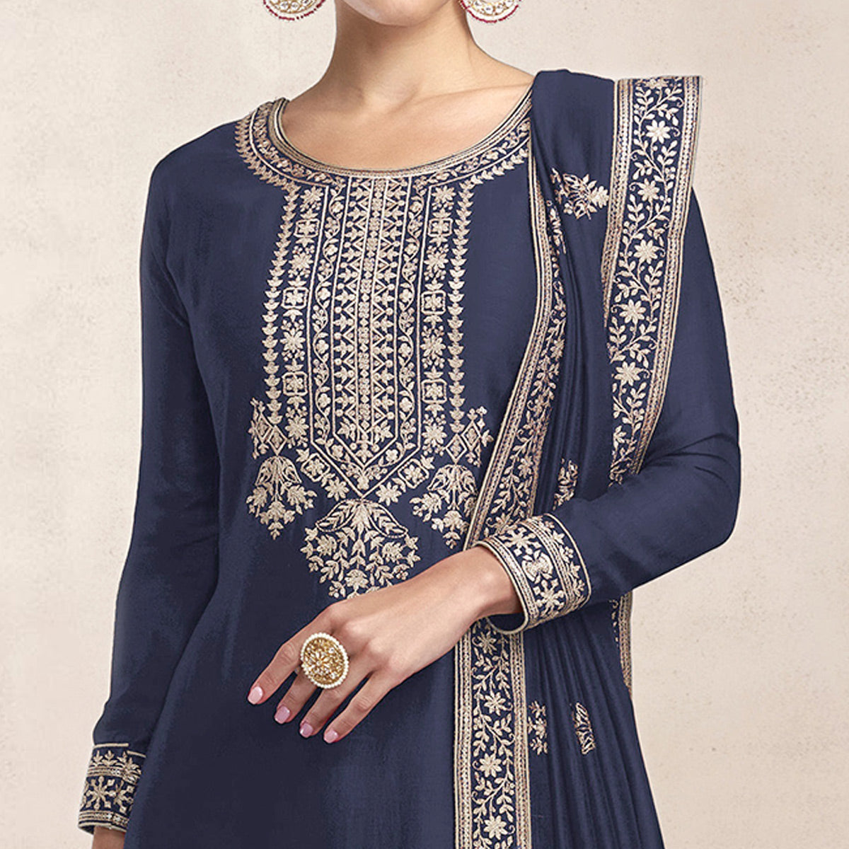 Navy Blue Embroidered Dola Silk Salwar Suit