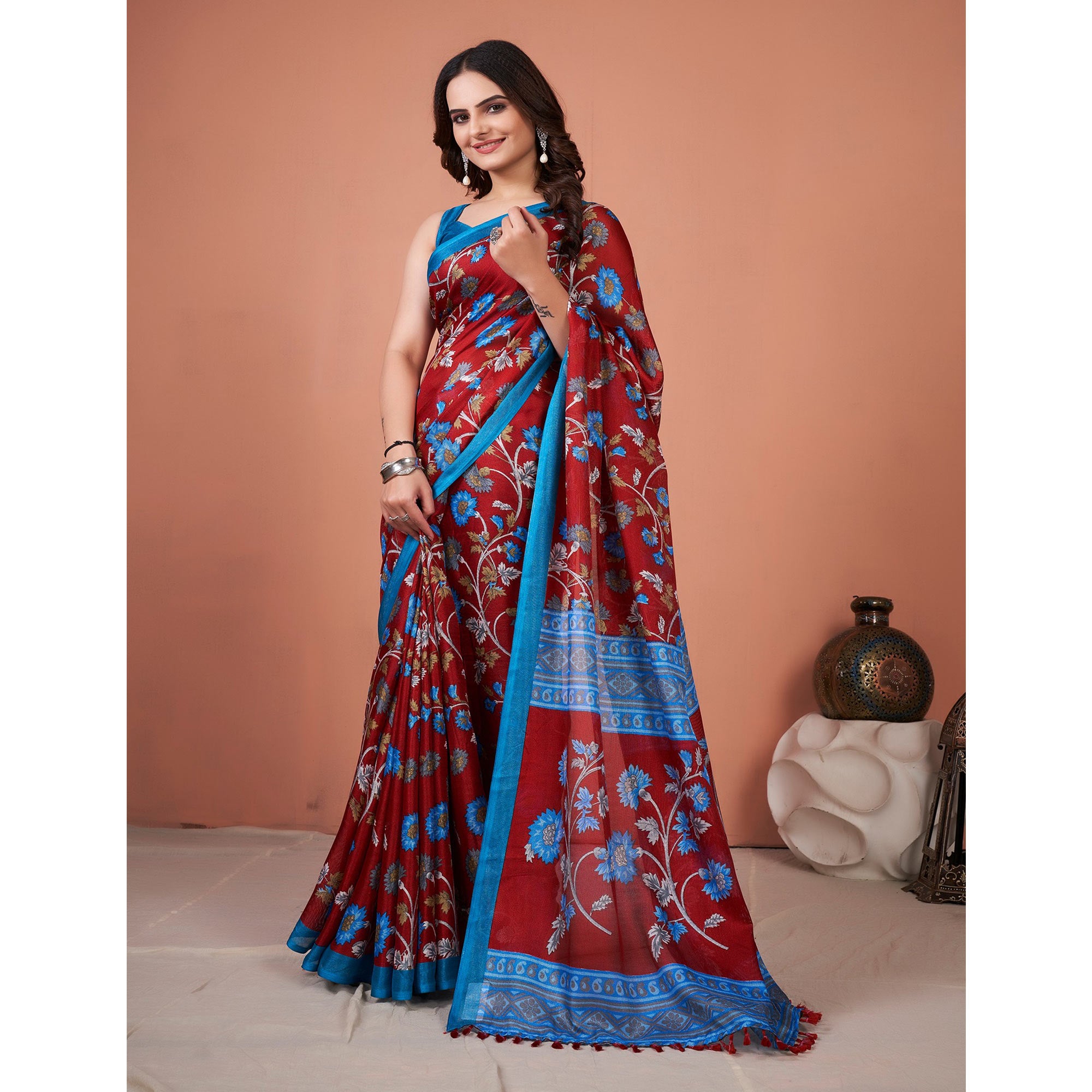 Red Floral Printed Jute Saree With Tassels