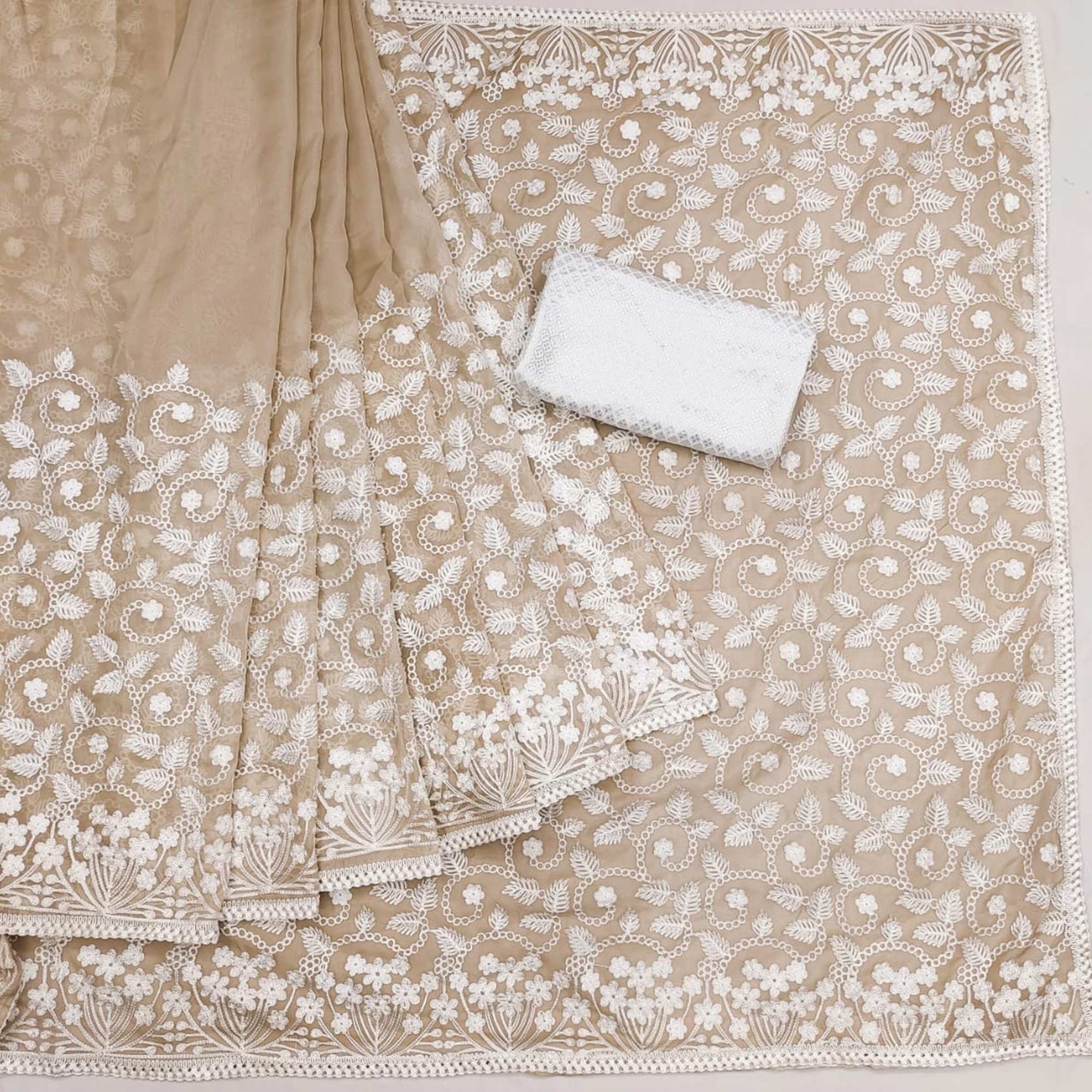 Light Brown Lucknowi Embroidered Organza Saree