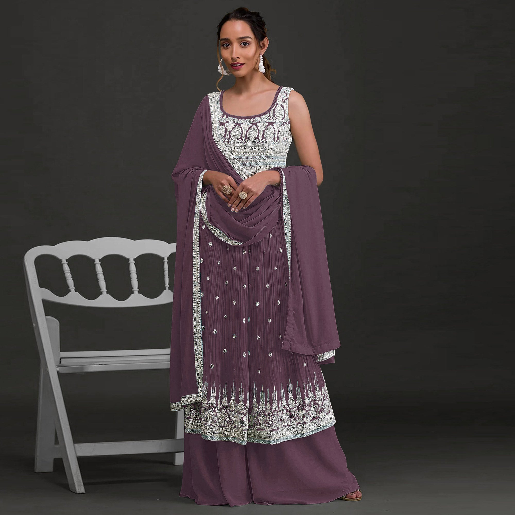 Plum Purple Sequins Embroidered Georgette Semi Stitched Naira Cut Palazzo Suit