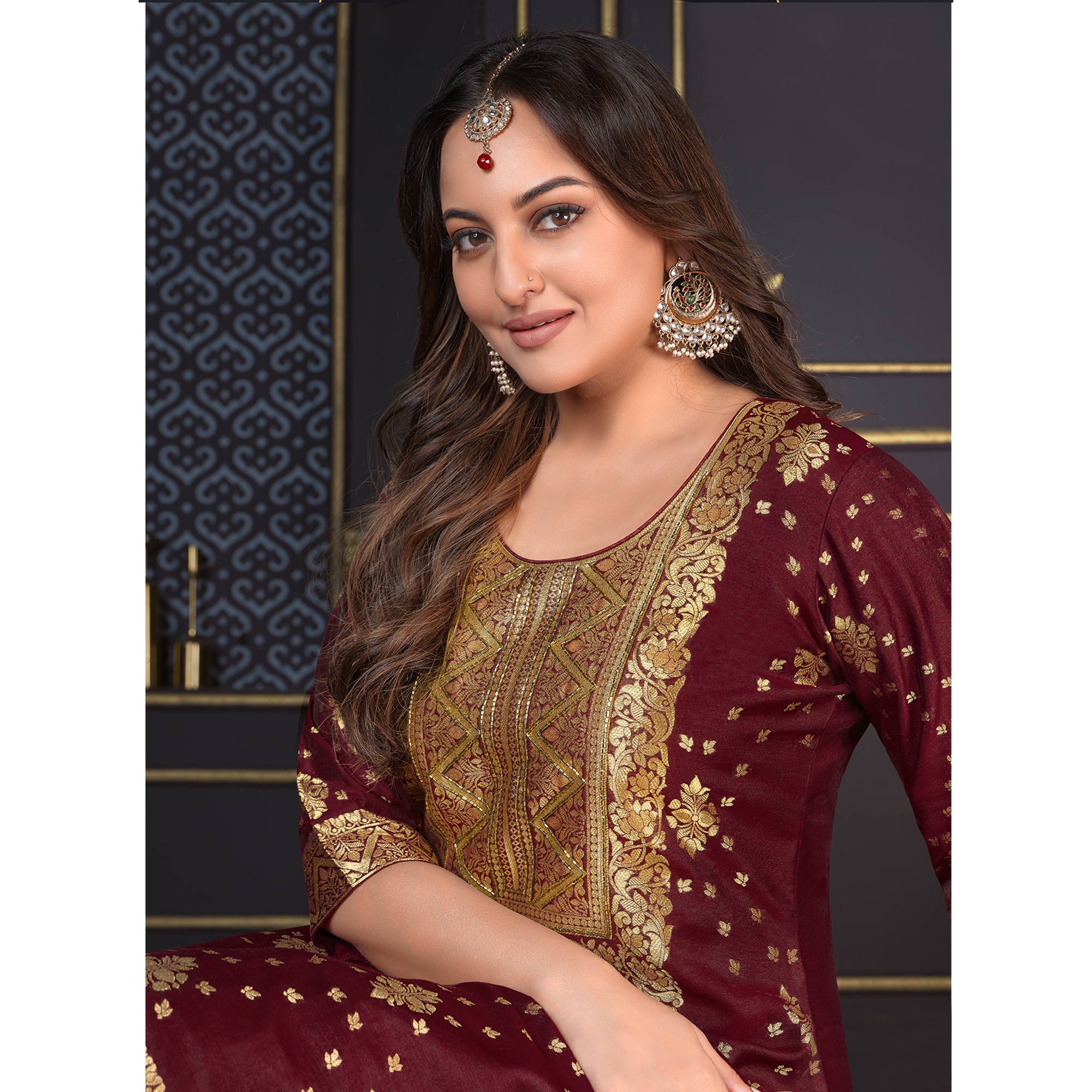 Maroon Woven Banarasi Silk Salwar Suit