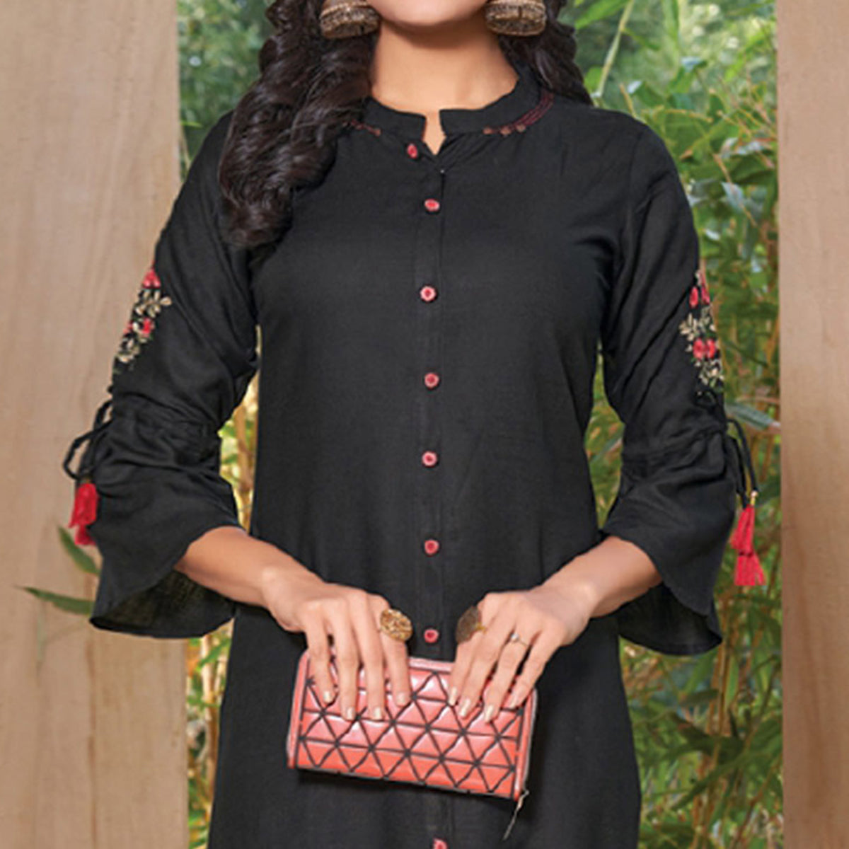 Black Floral Embroidered Rayon Kurti