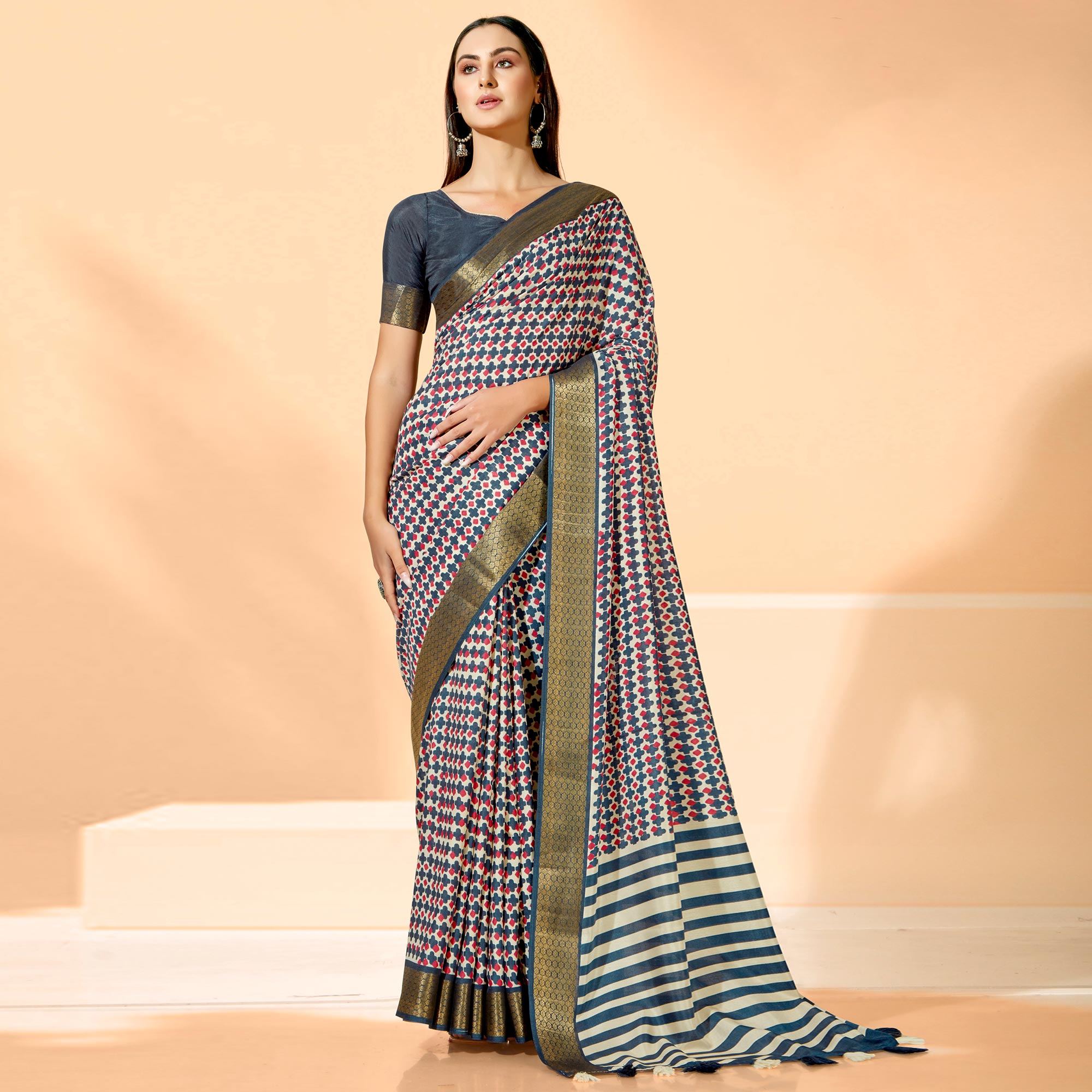Teal Blue Printed Dola Silk Saree With Tassels