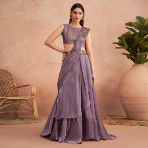 Violet Sequins Embroidered Ready to Wear Art Silk Saree