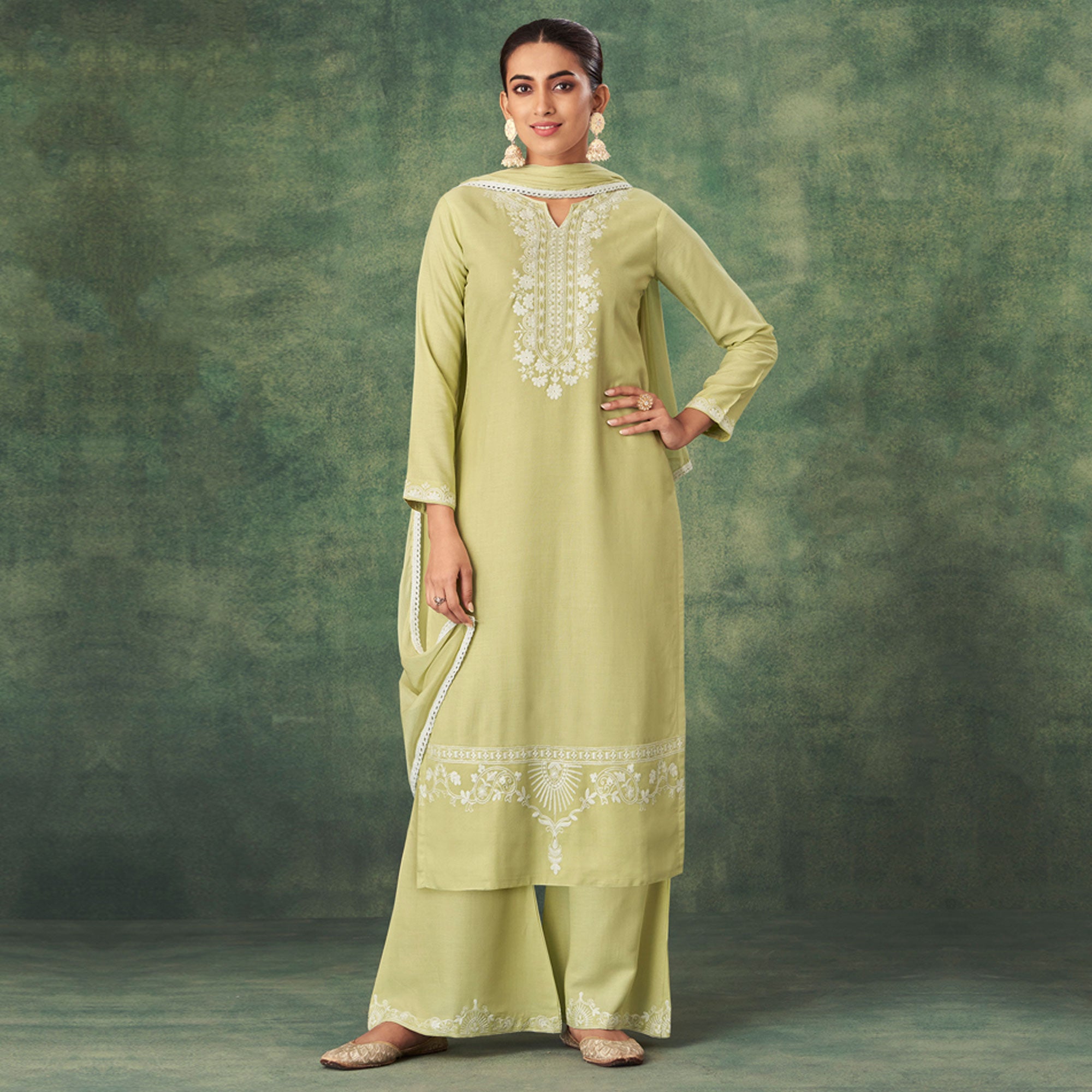 Green Floral Lucknowi Rayon Palazzo Suit