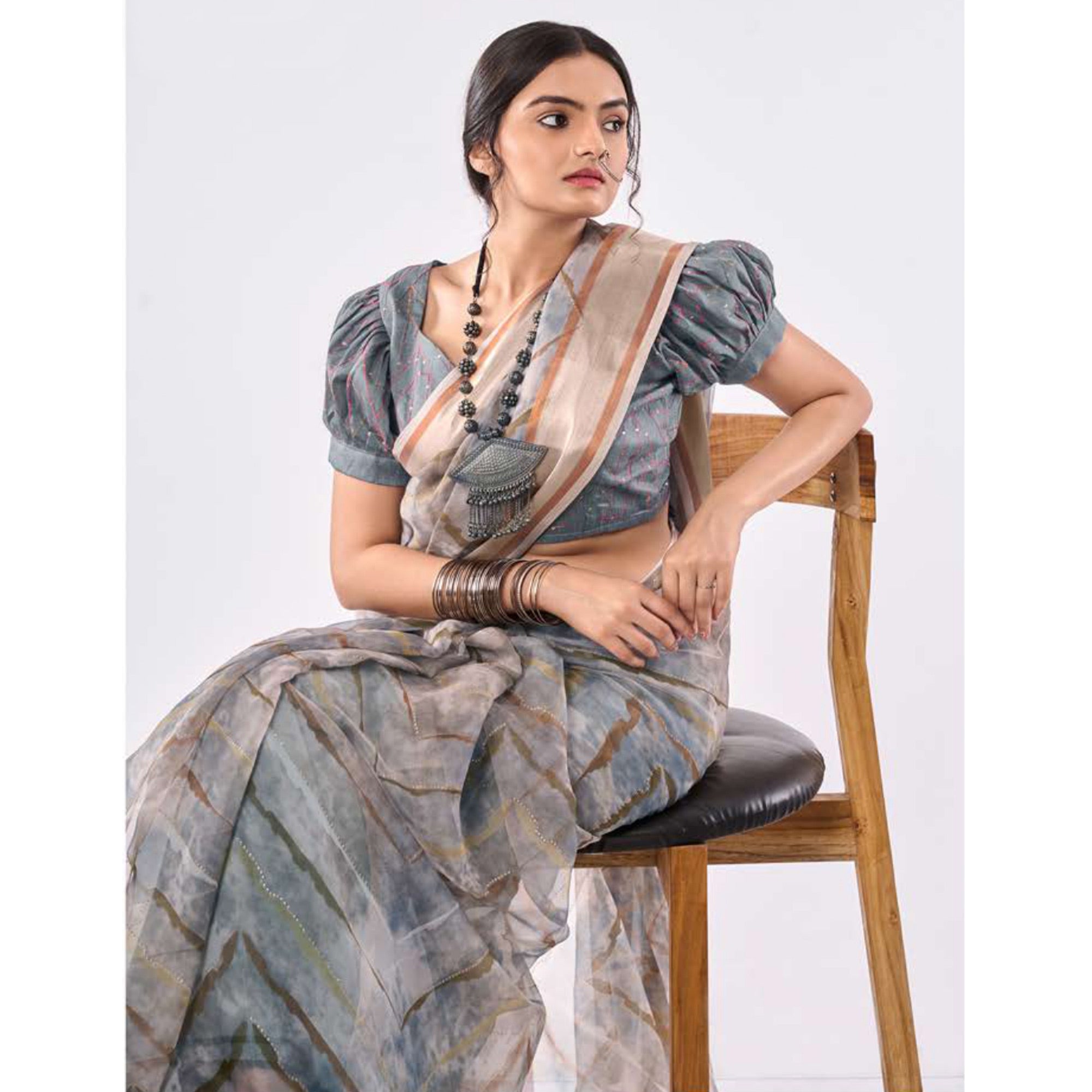 Grey Printed Organza Saree With Woven Border