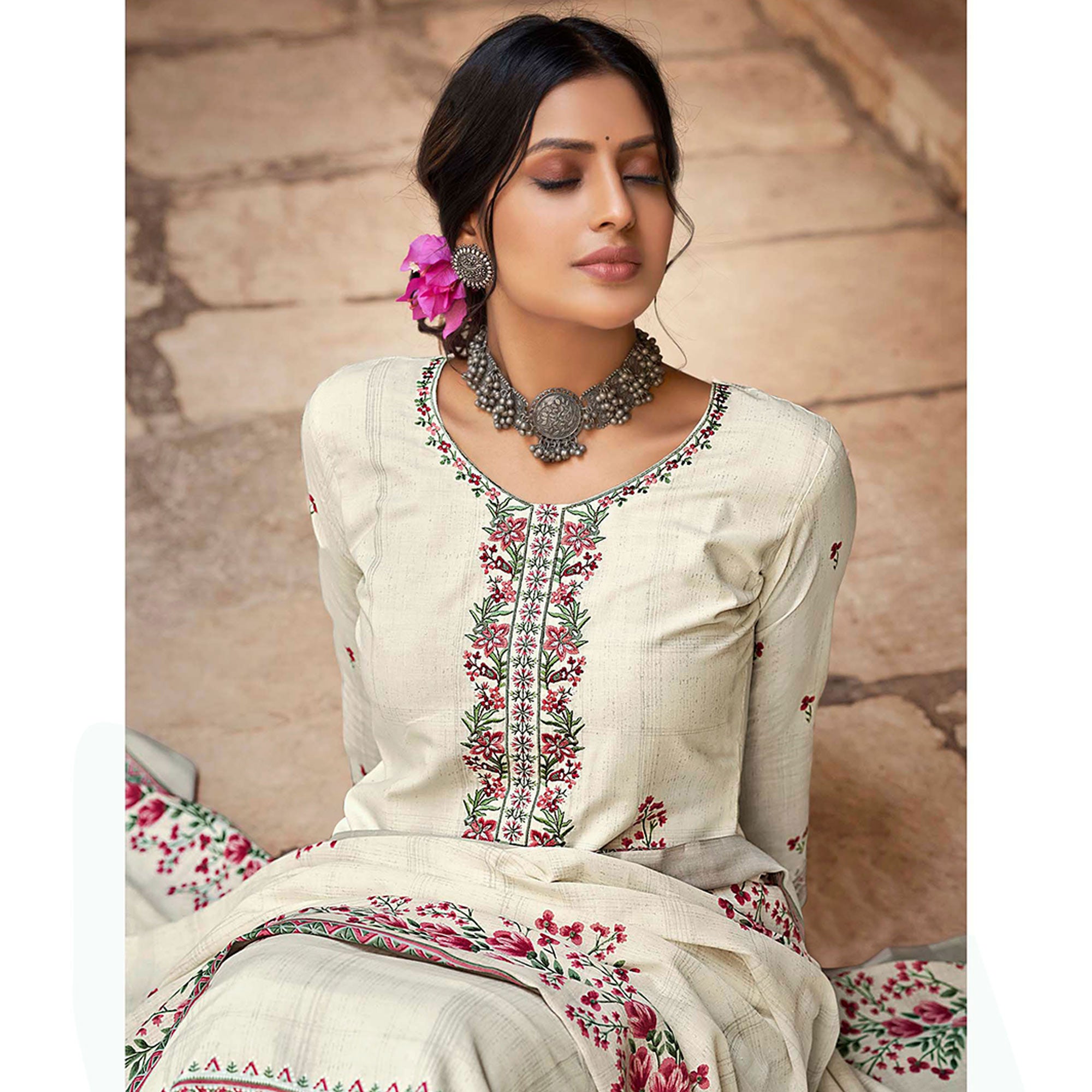 Offwhite Floral Printed With Embroidered Pure Cotton Palazzo Suit