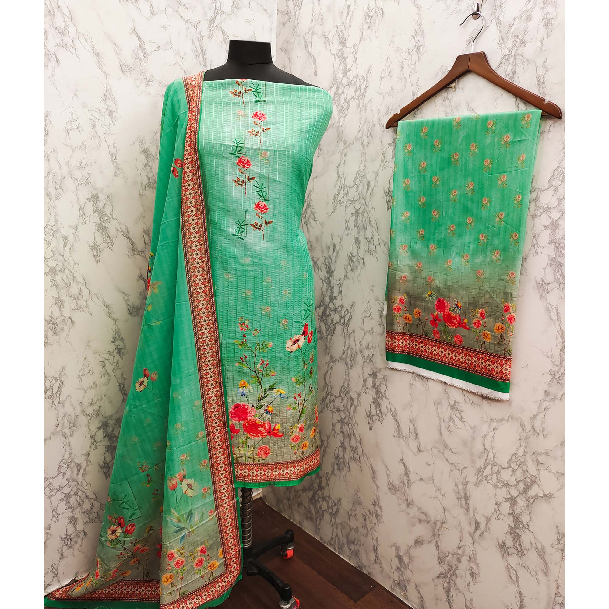 Green Floral Digital Printed Muslin Dress Material