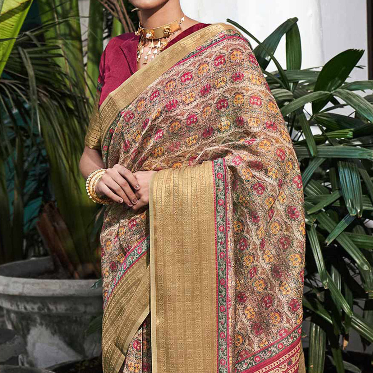 Multicolor Digital Printed Linen Saree