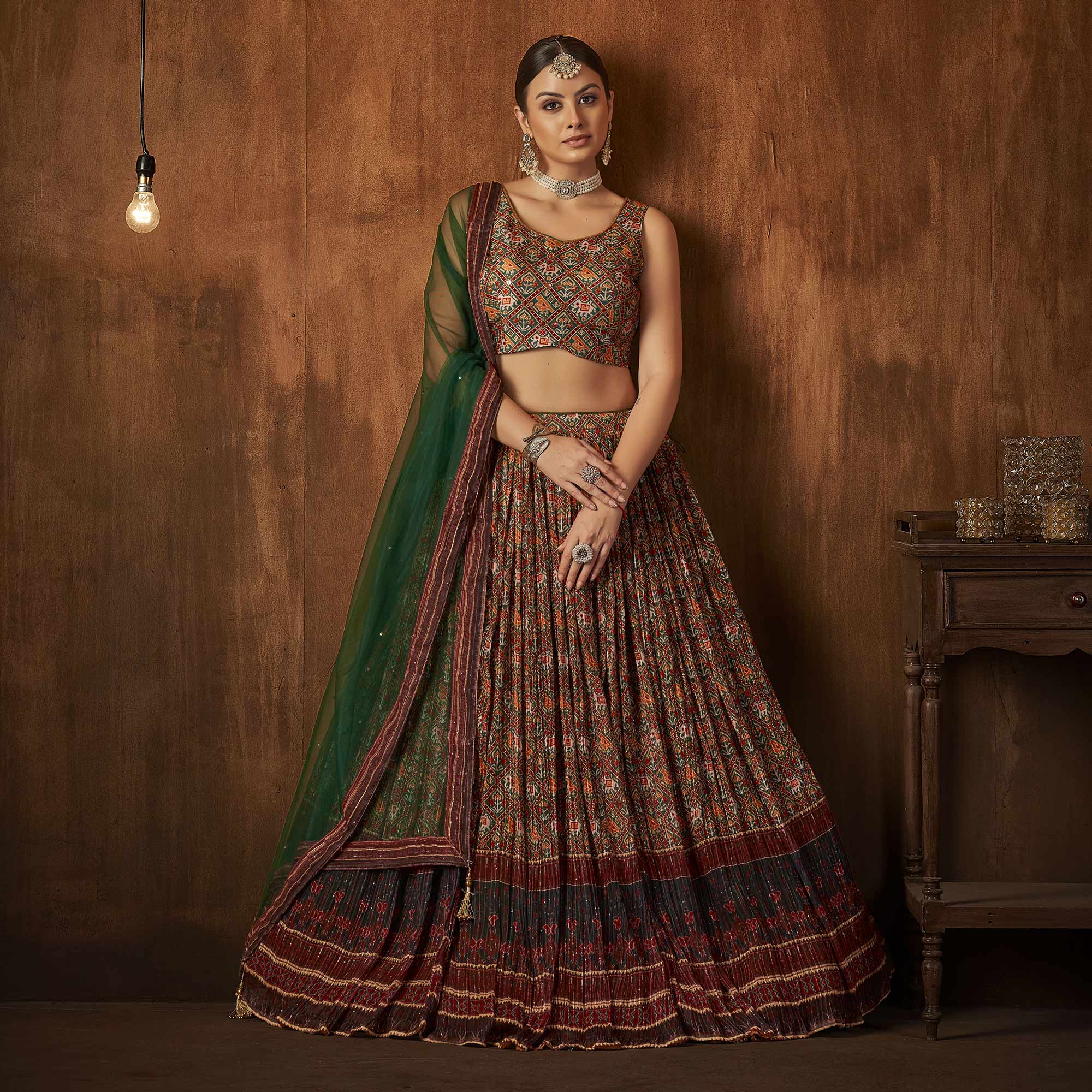 Green Printed With Sequins Work Georgette Lehenga Choli