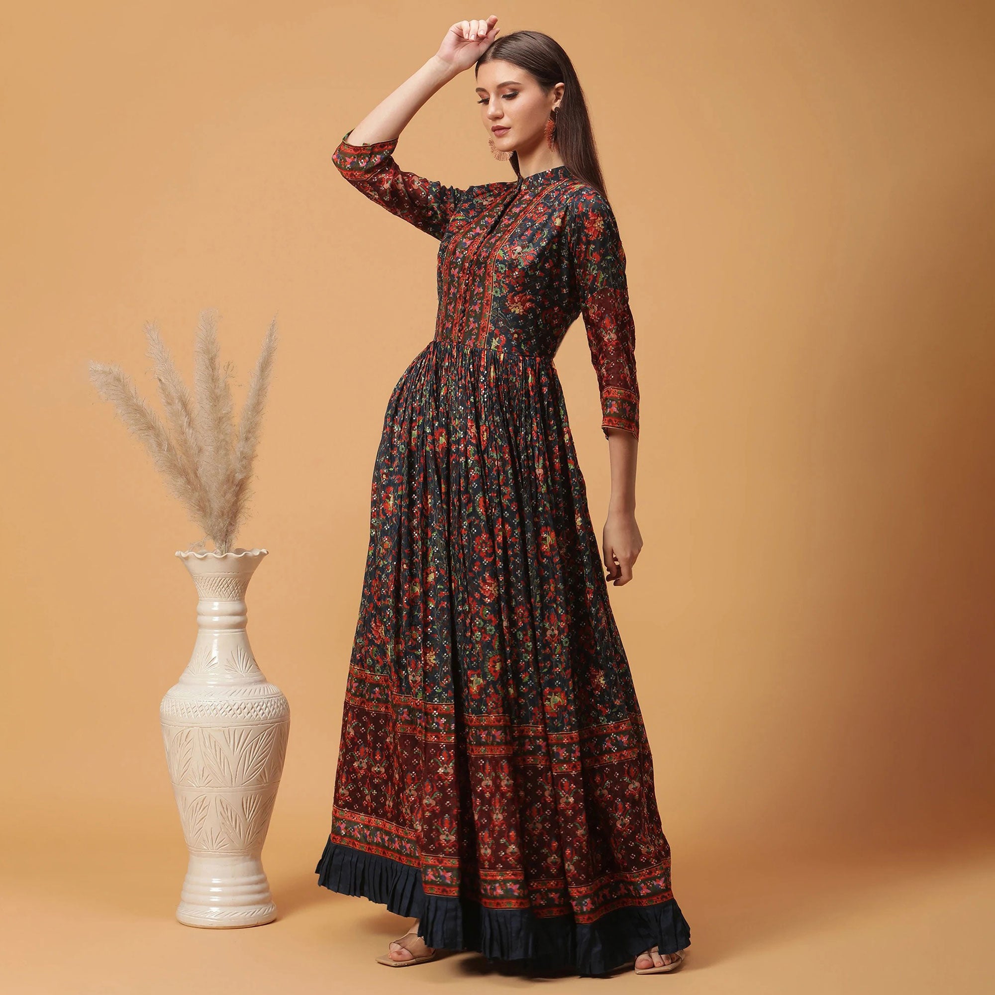 Navy Blue Digital Printed Dola Silk Gown