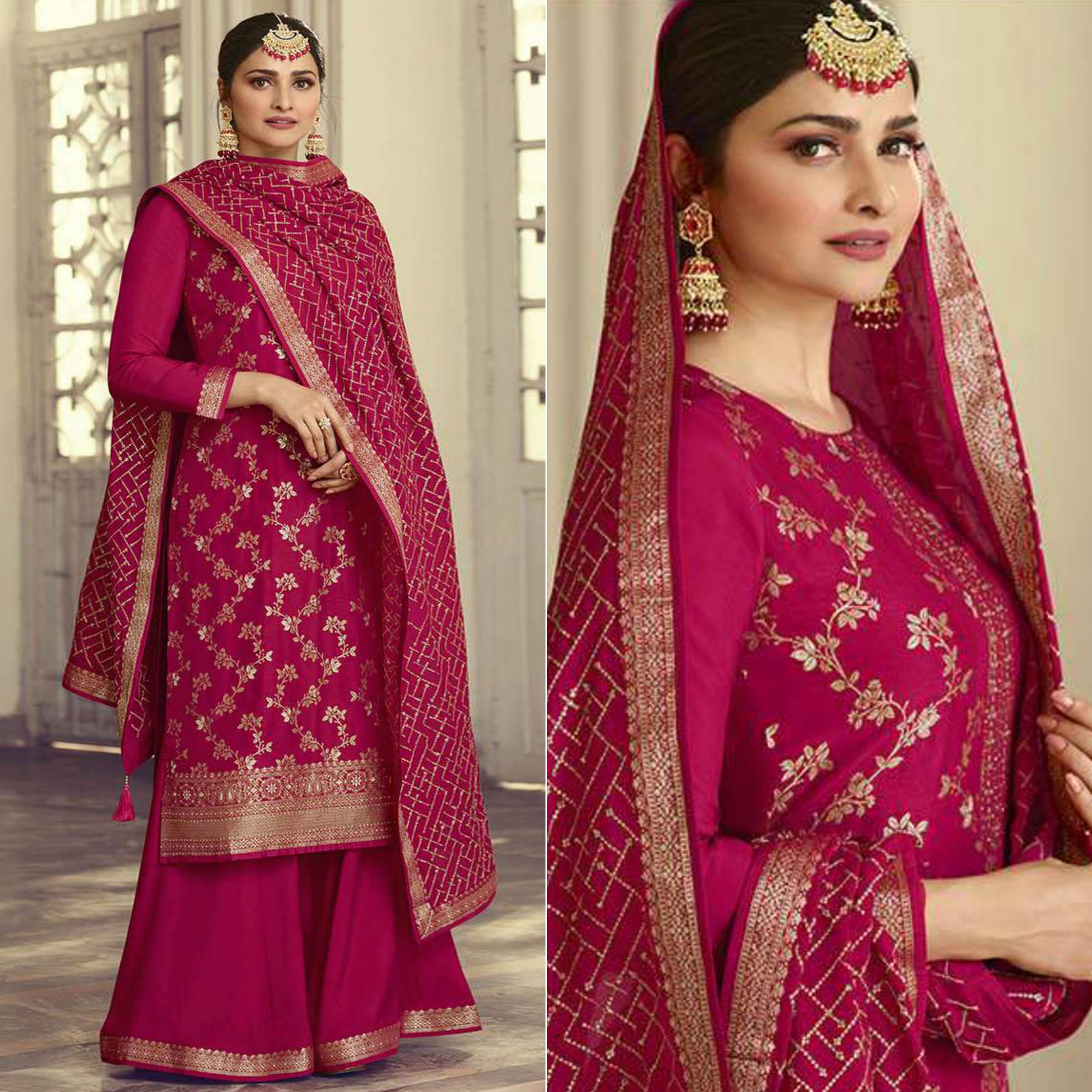 Rose Pink Embroidered Dola Silk Palazzo Suit