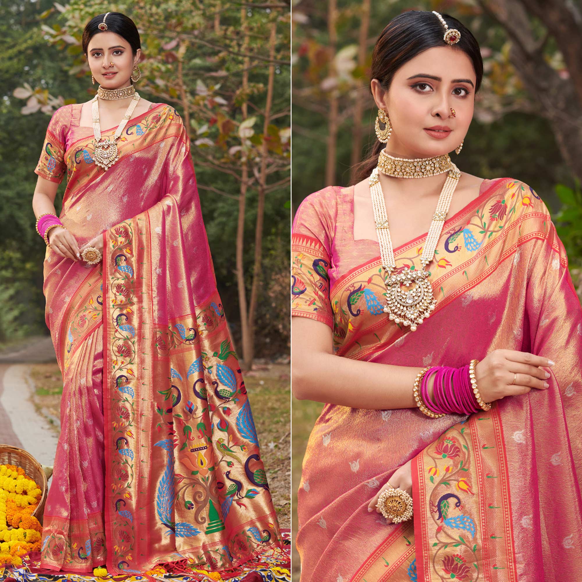 Pink Woven Art Silk Paithani Saree With Tassels