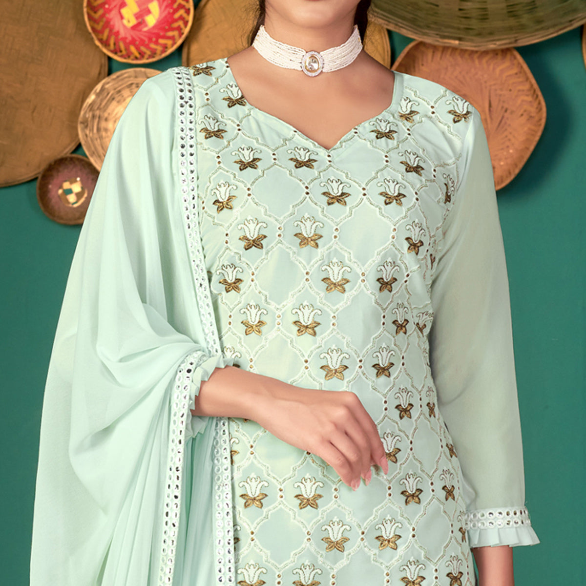 Pastel Green Floral Embroidered Georgette Suit