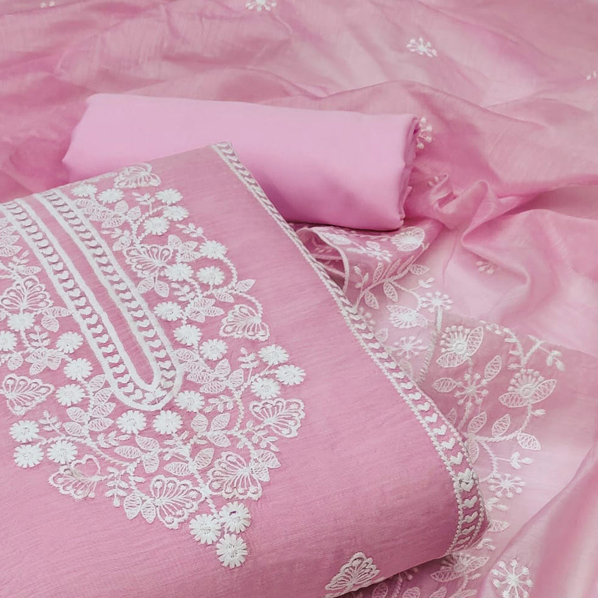 Pink Floral Embroidered Chanderi Dress Material