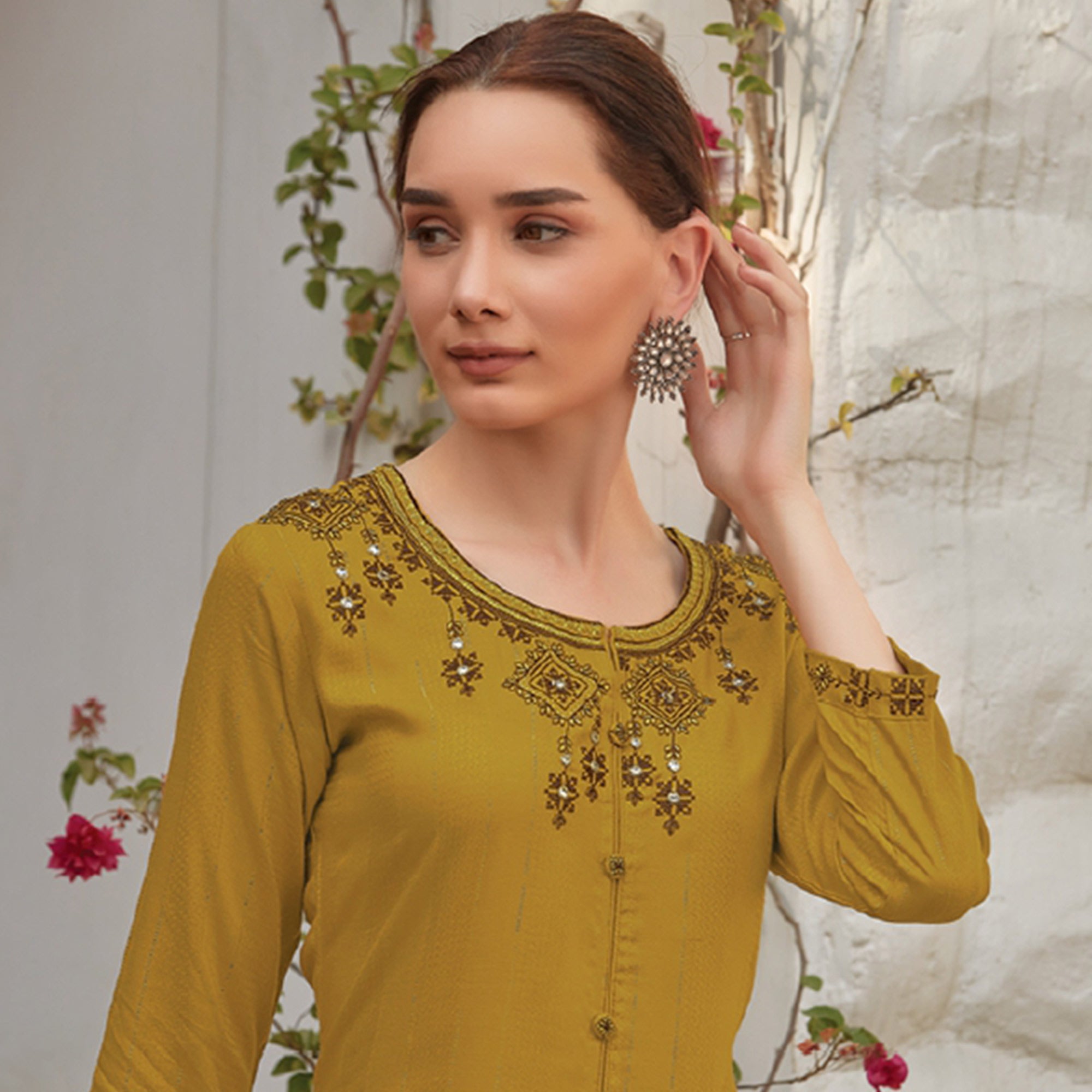 Mustard Floral Embroidered Cotton Blend Kurti