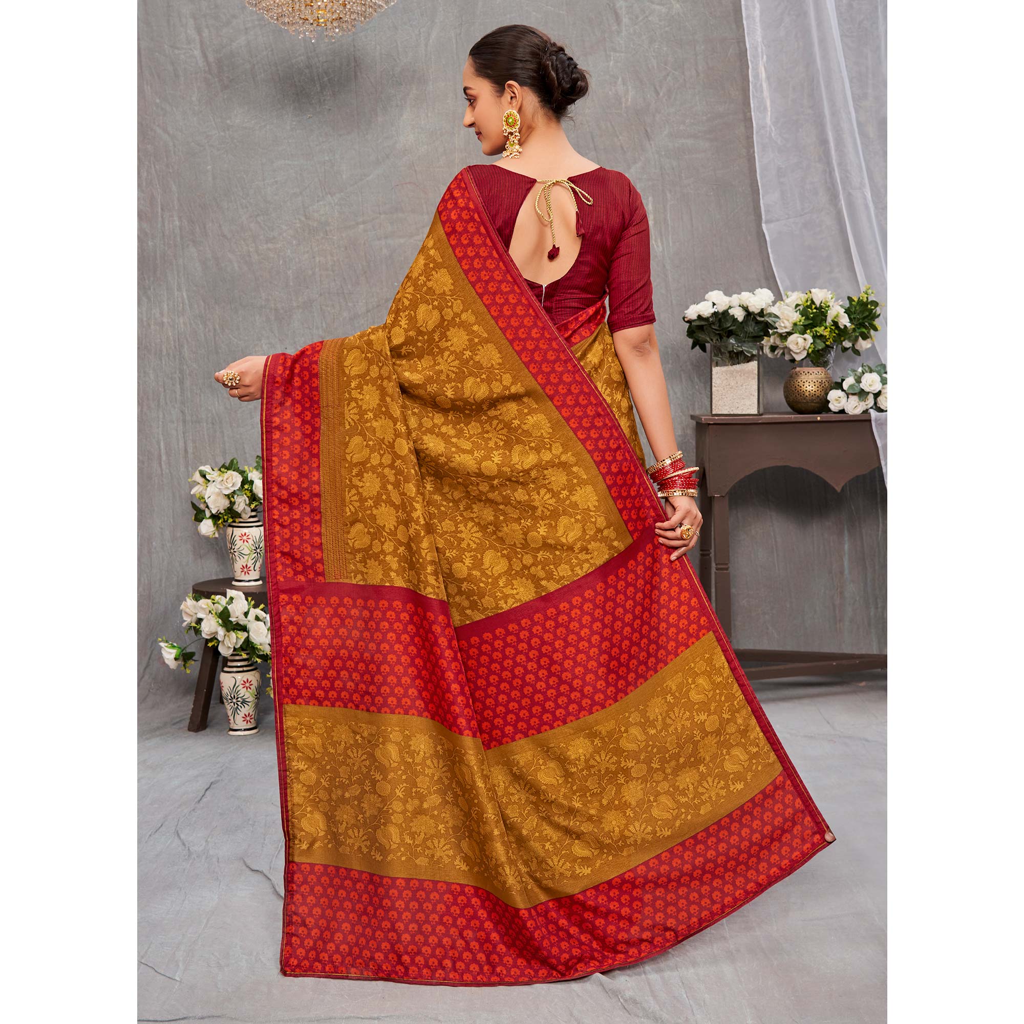 Mustard Floral Printed Tussar Silk Saree