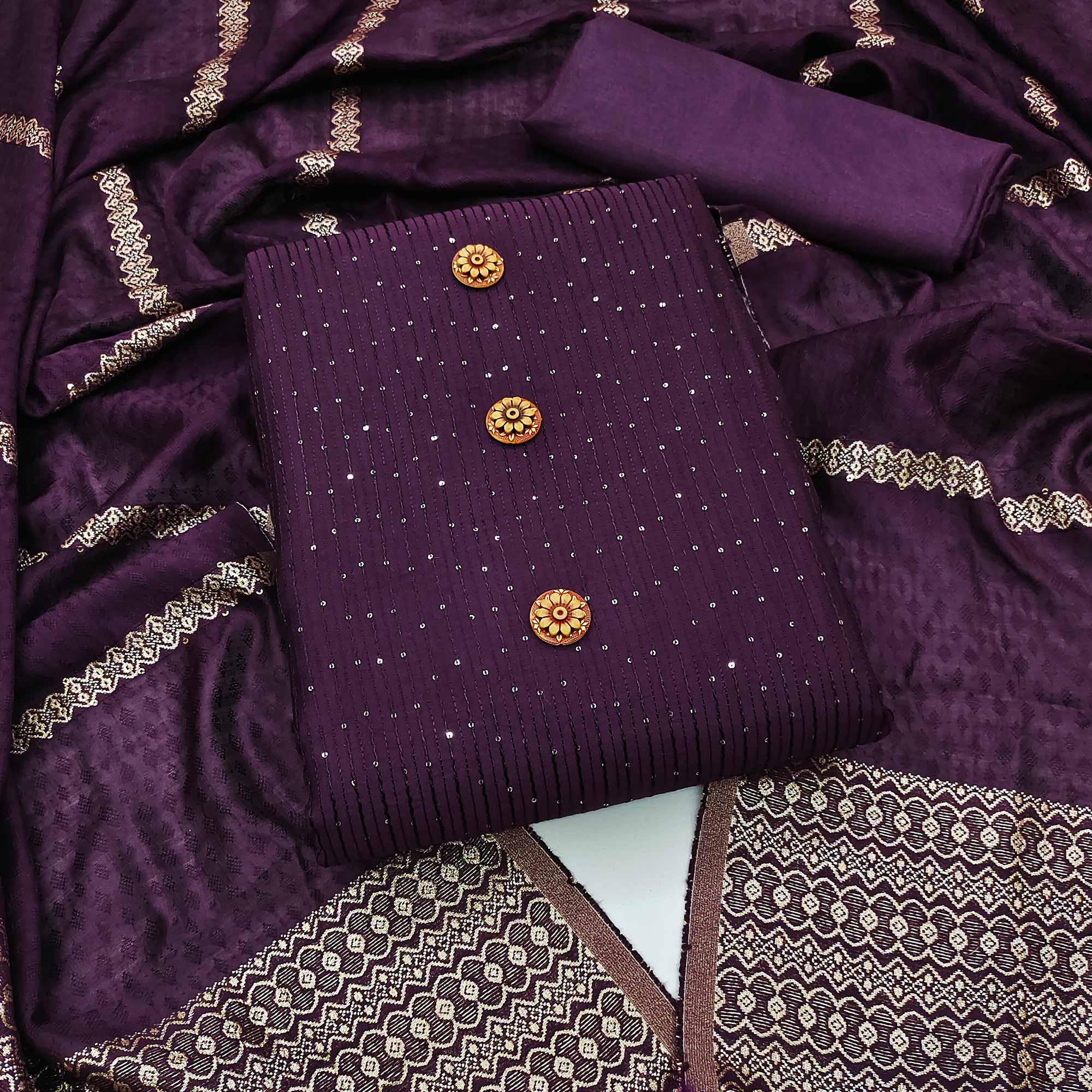 Wine Sequins Embroidered Chanderi Dress Material