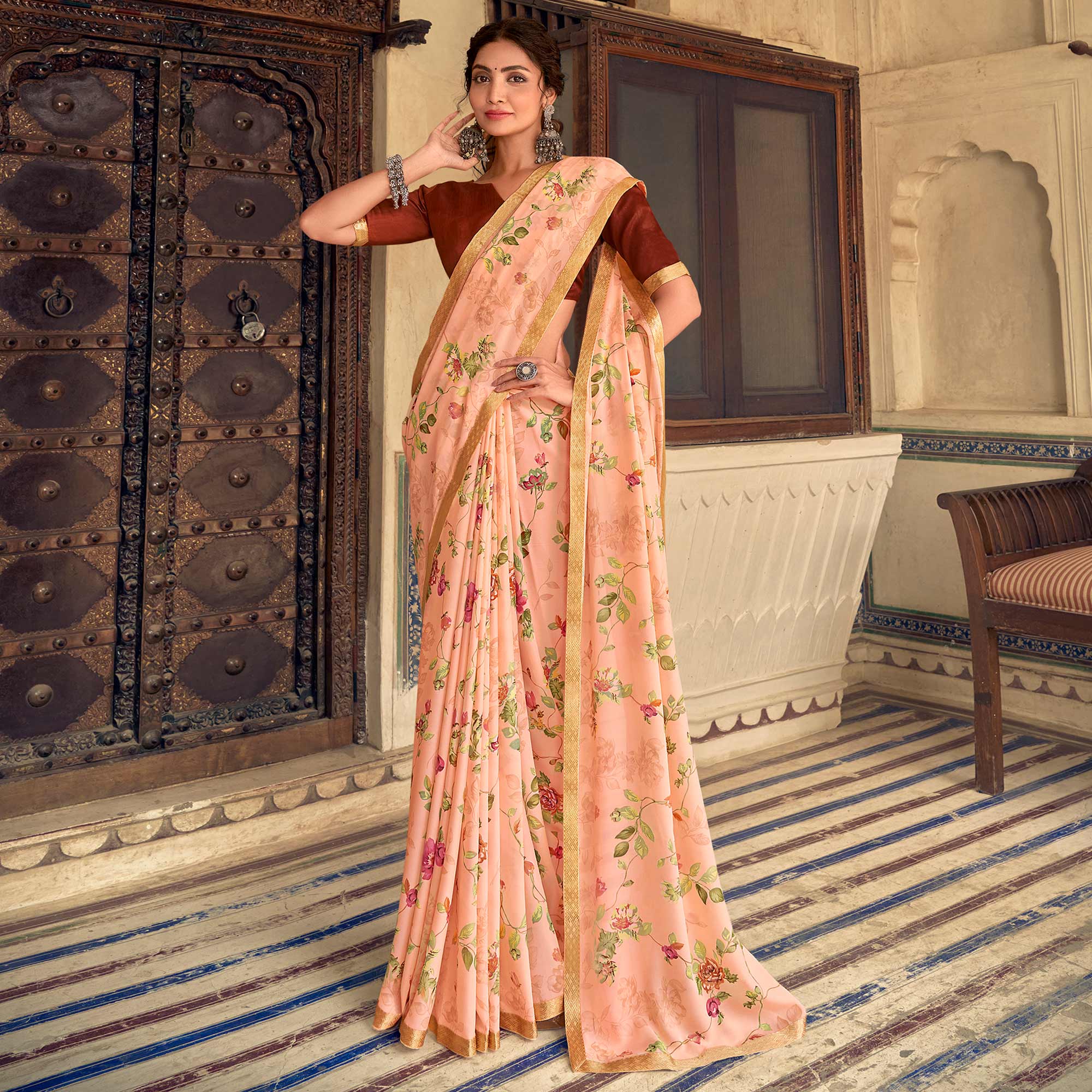 Peach Floral Printed Chiffon Saree