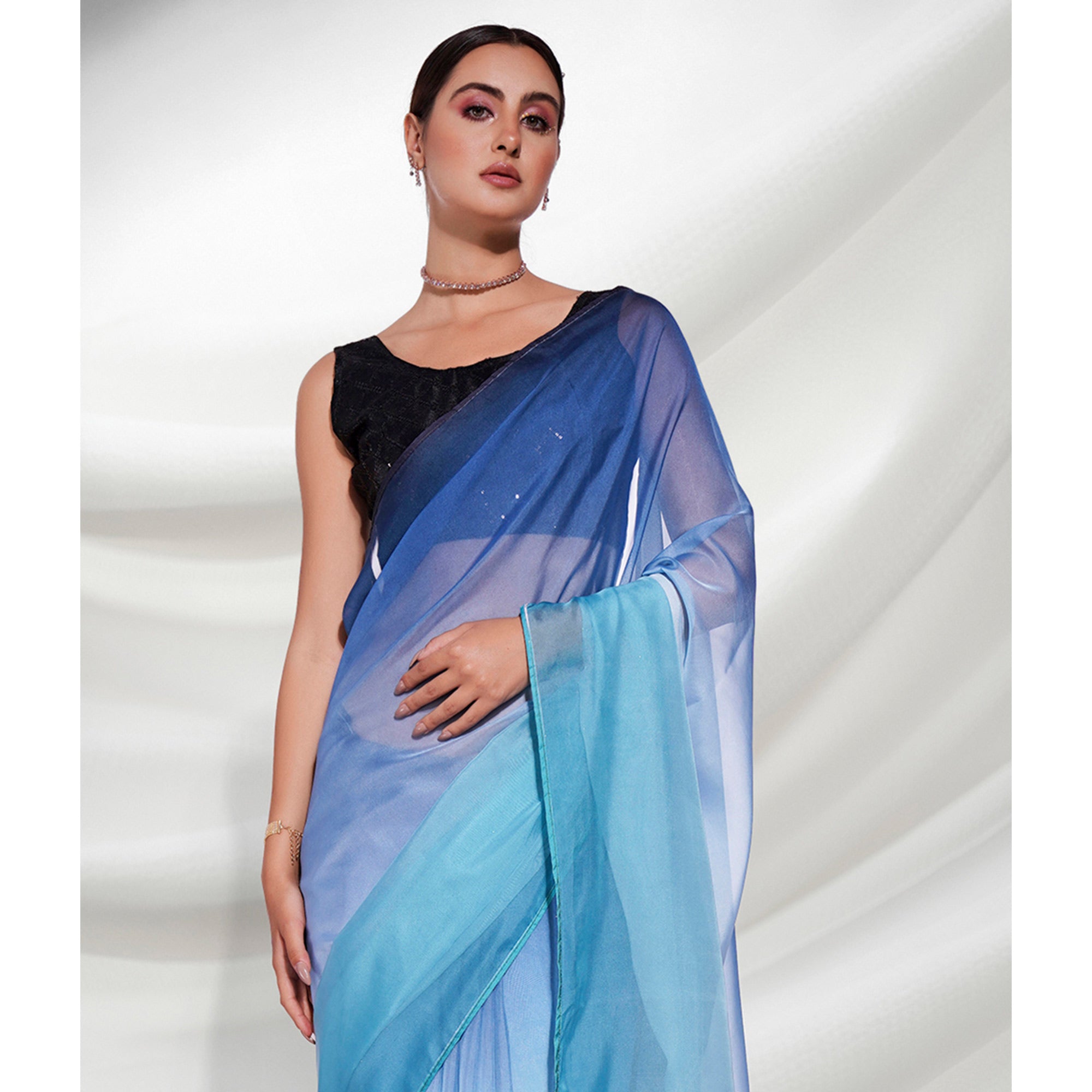 Blue Printed Organza Saree