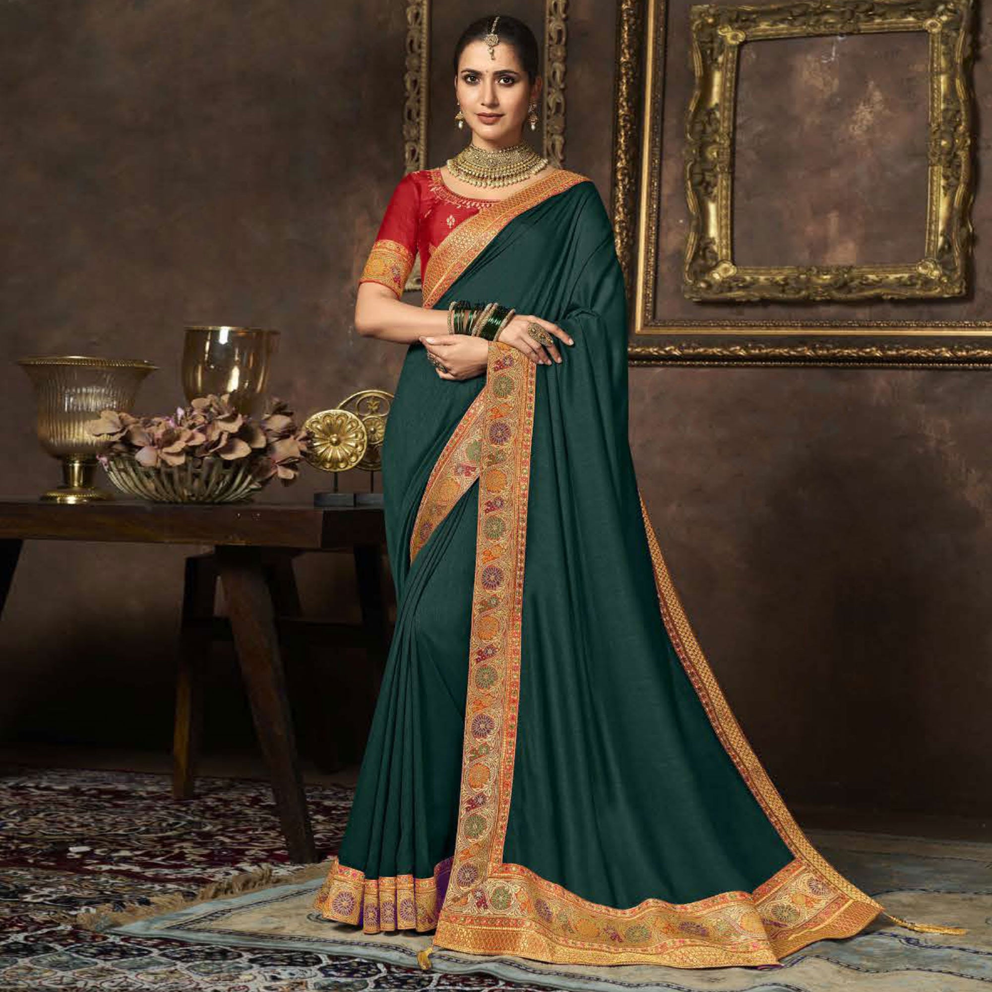 Teal Green Solid With Woven Border Vichitra Silk Saree