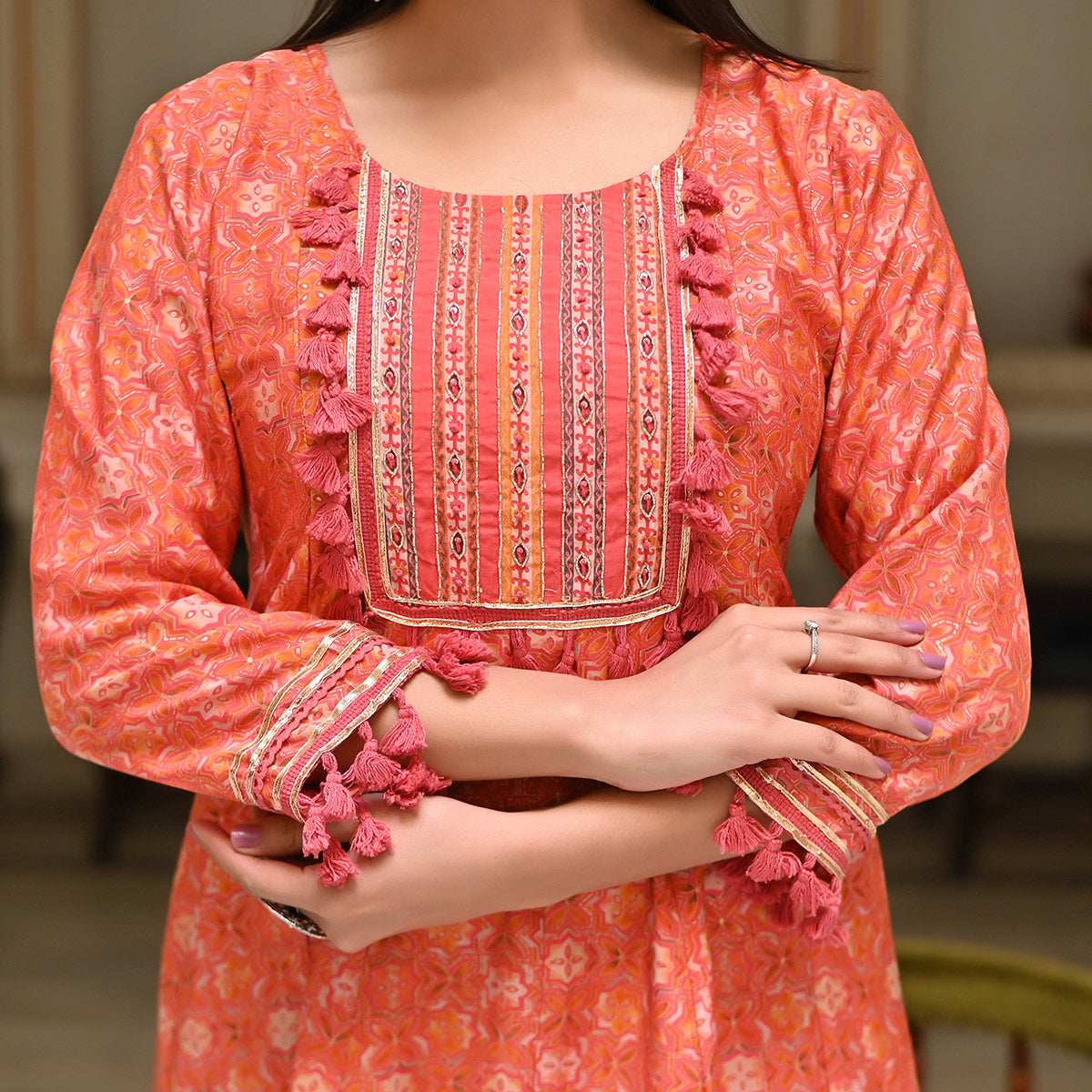 Peach Printed Muslin Kurti With Dhoti Set