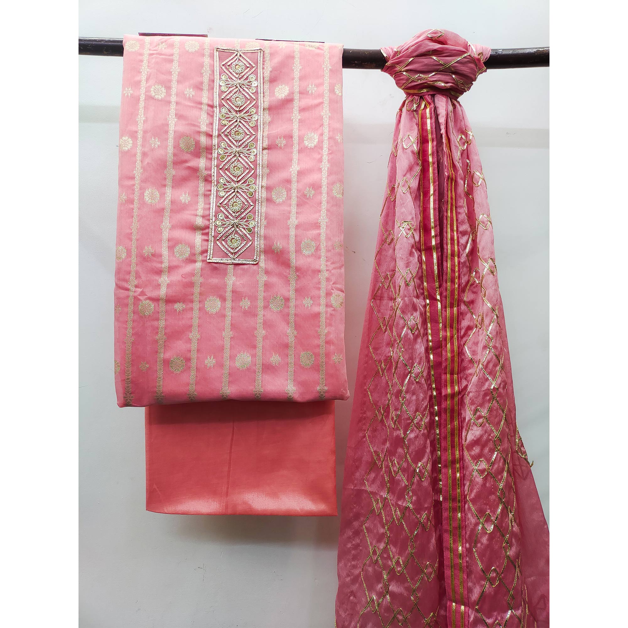 Pink Floral Woven Banarasi Silk Dress Material