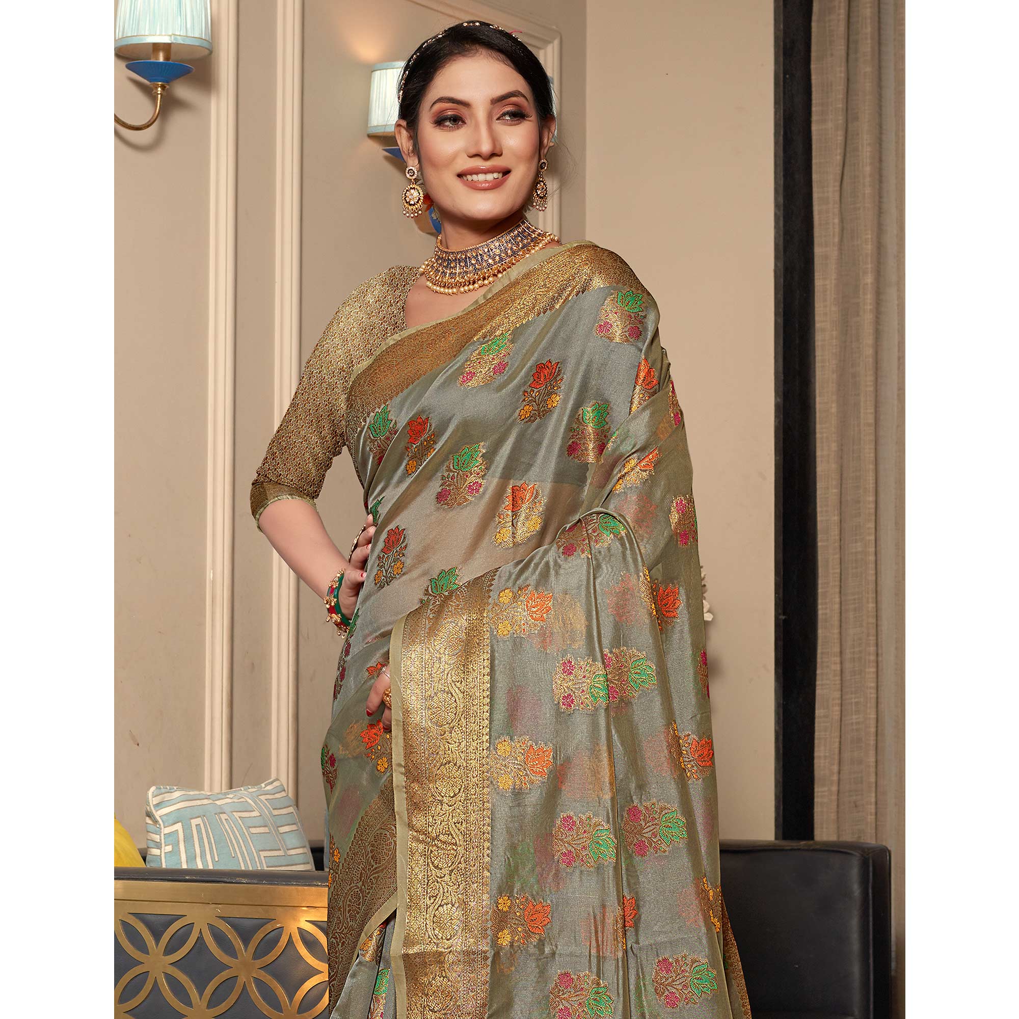 Grey Floral Woven Organza Saree