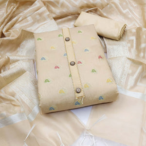 Beige Woven Banarasi Silk Dress Material