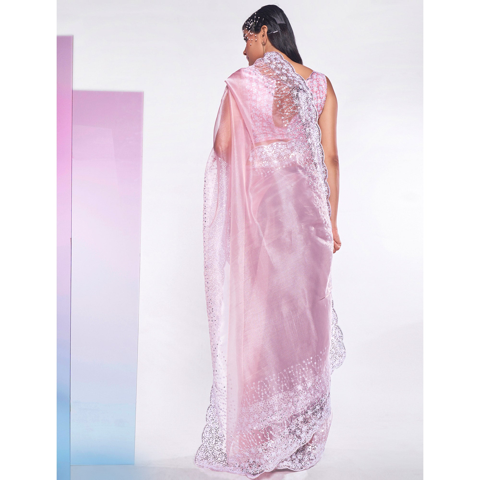 Pink Sequins Embroidered Organza Saree