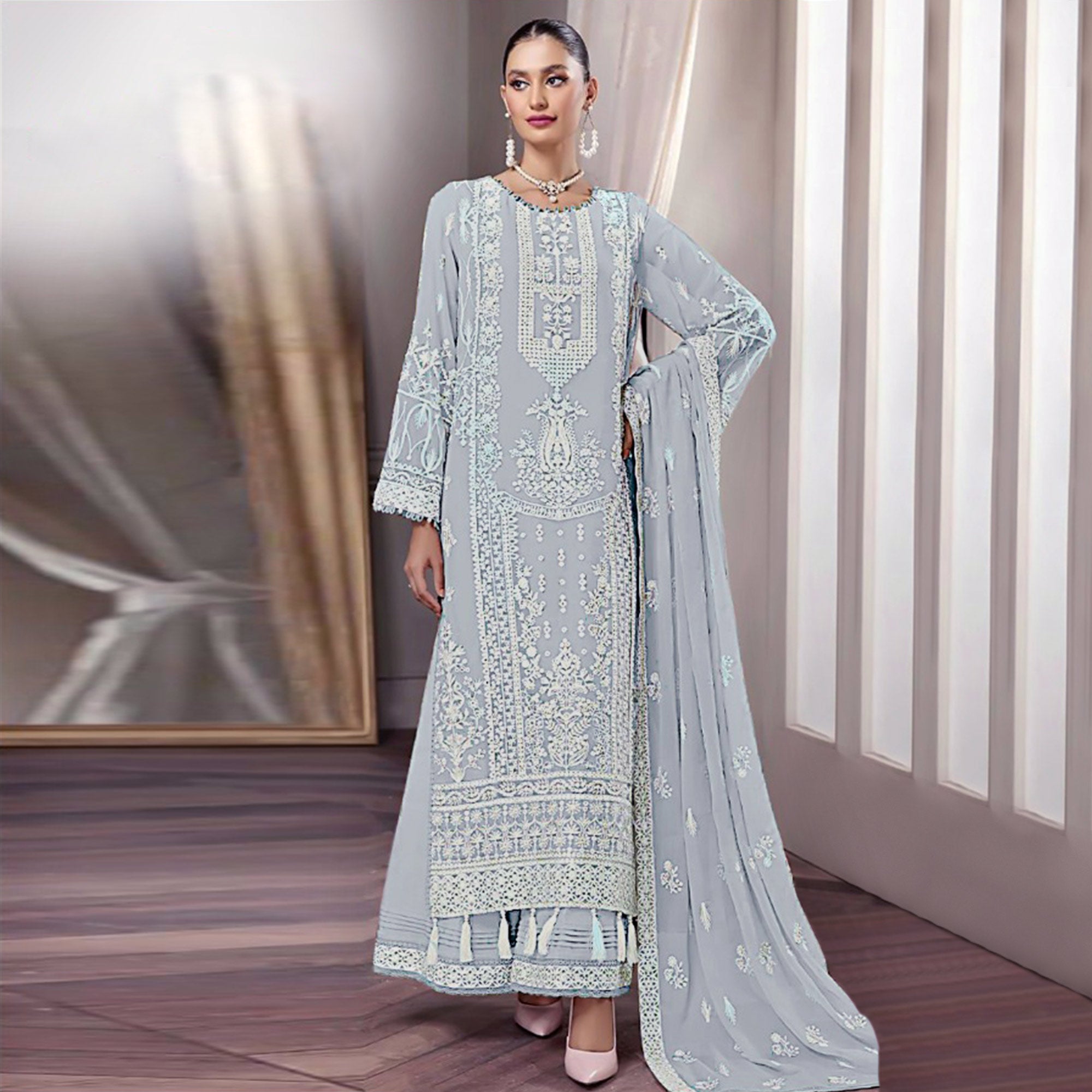 Grey Floral Embroidered Georgette Pakistani Suit