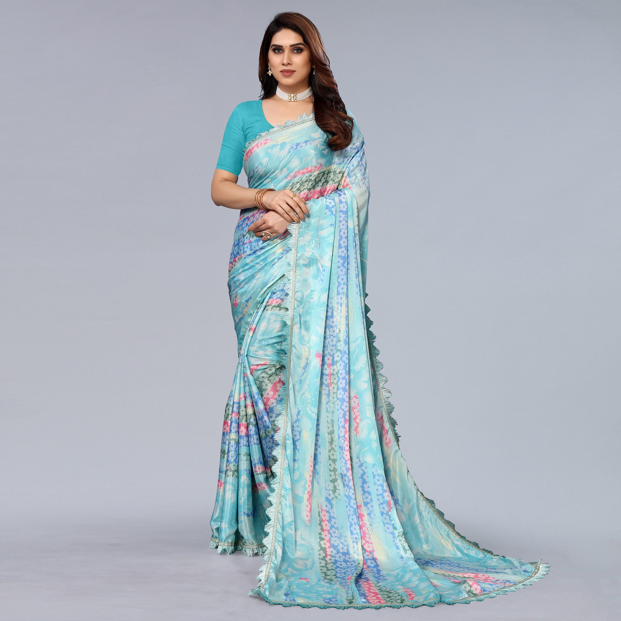 Sky Blue Floral Printed Art Silk Saree With Crochet Border